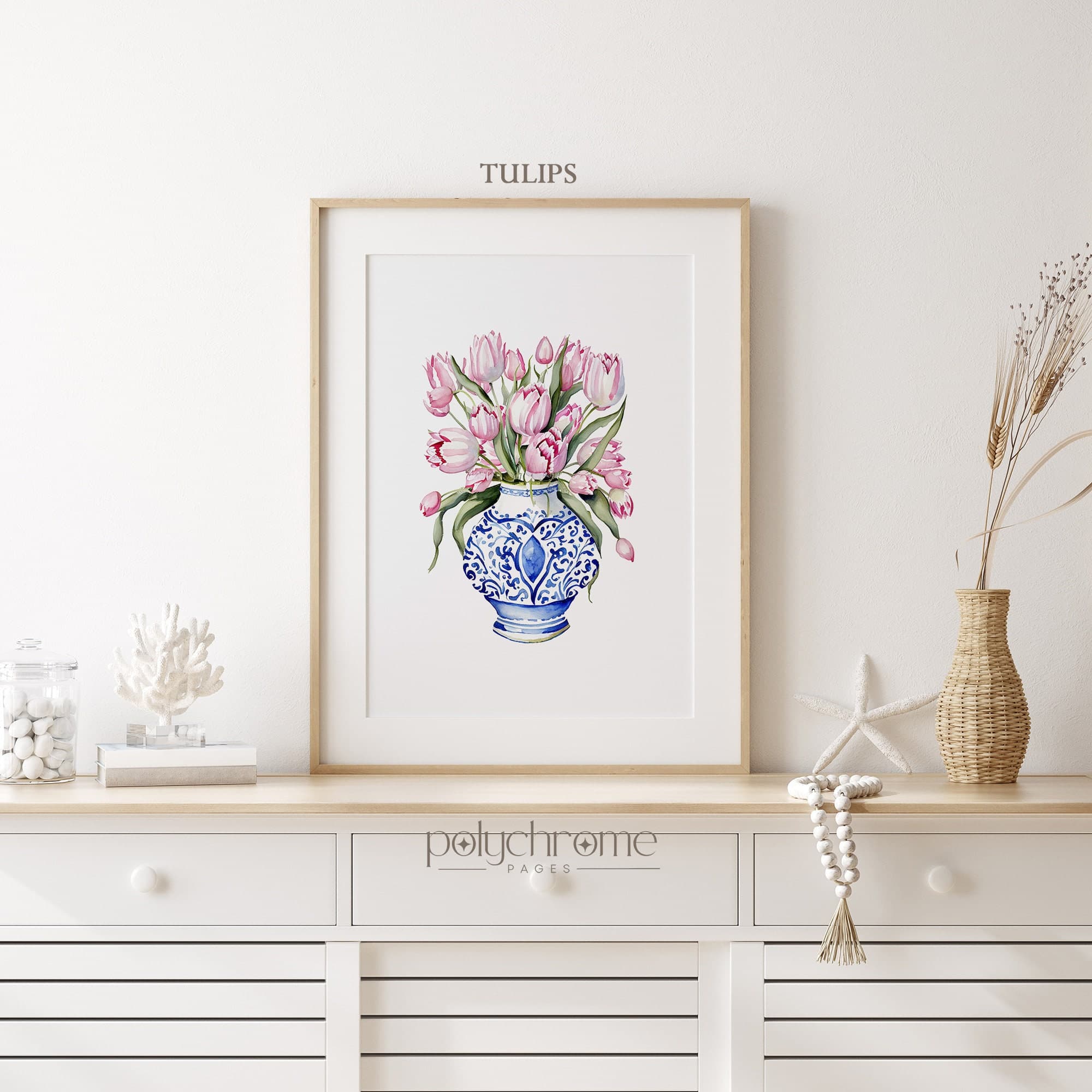 Roses and Tulips in Chinoiserie, Hamptons Style Pink Flower Bouquets in Blue and White China Wall Art | Paper prints 5x7 - 24x36 in - image 4