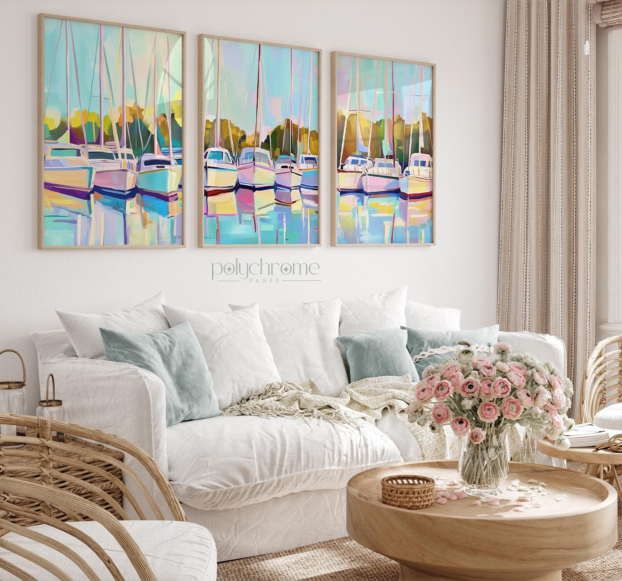 Boat Sailboats in Harbor Marina, Coastal Lake House Landscape in Pastel Blue and Green, Nautical wall decor | Paper prints 5x7 - 24x36 in - image 3