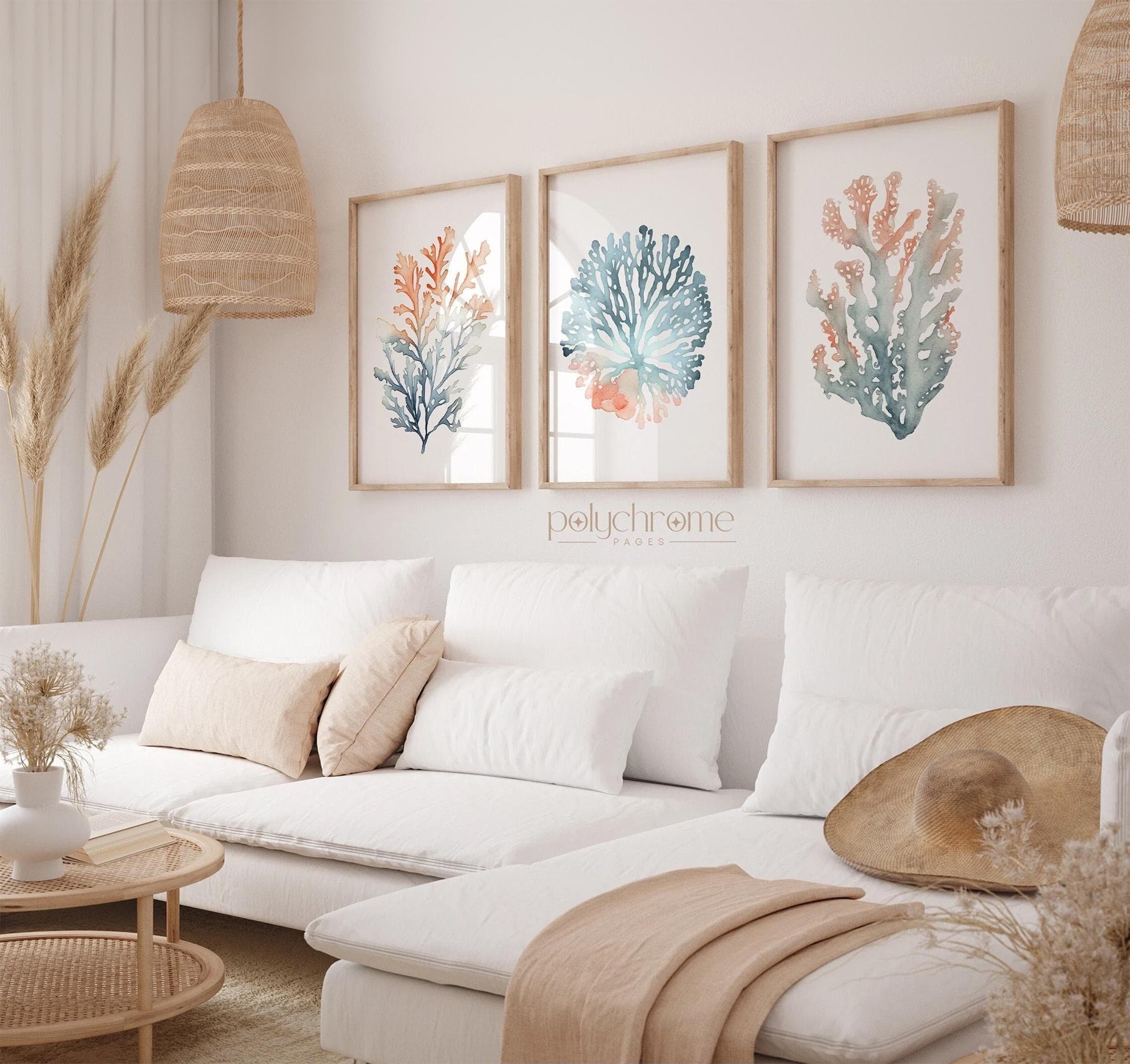 Corals and Seaweeds Beachy Decor, Tranquil Blue & Peach Hamptons Inspired Marine Flora Wall Art | Paper print sizes 5x7 - 24x36 in