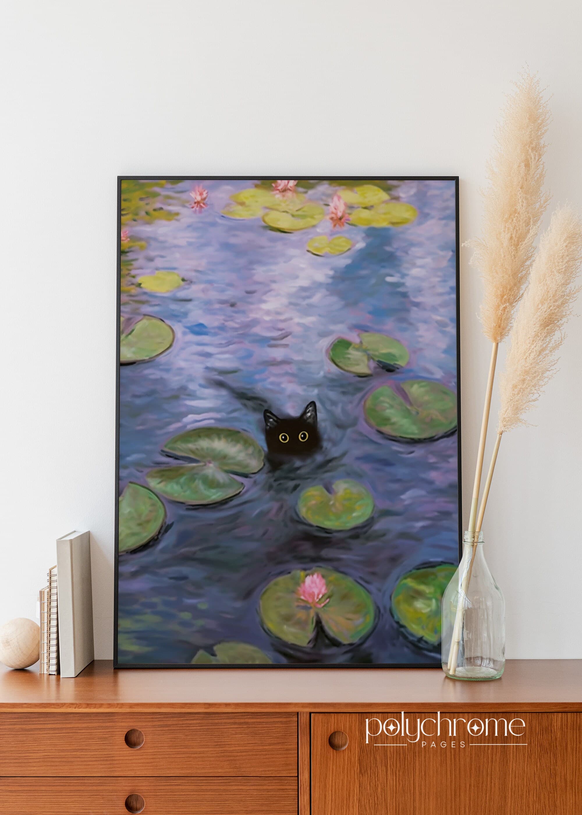 Cat in Monet Water Lilies, Black cat in pond, funny cat painting, gifts for cat lovers, Pond prowler | Paper print sized: 8.5x12 - 24x36in - image 5