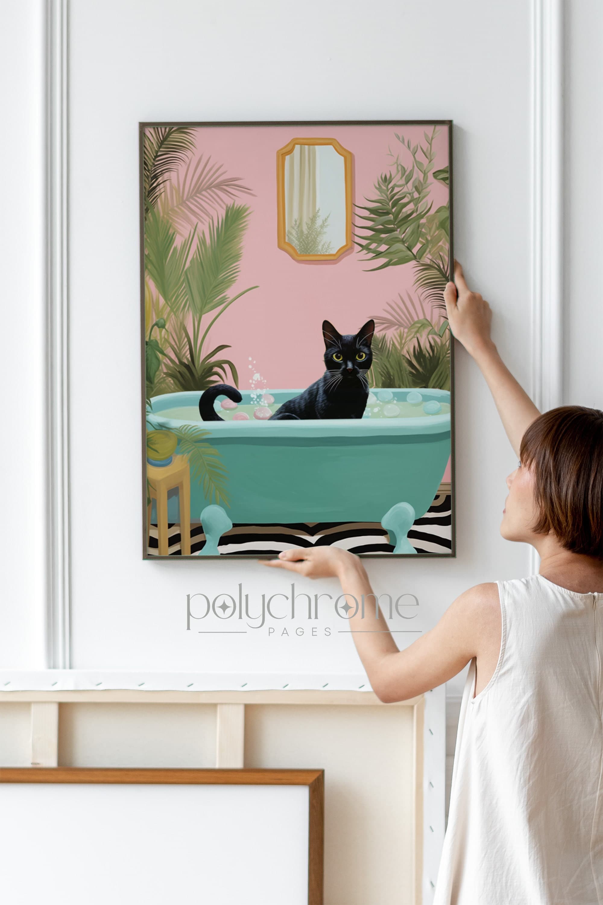 funny cat painting, Bathroom decor art, home accent decor, bathroom wall art, gifts for cat lovers, maximalist decor, picture of, drawn cat, vintage cat print, funny bathroom art, cat poster, eclectic style decor, black cat art, cat in bathtub