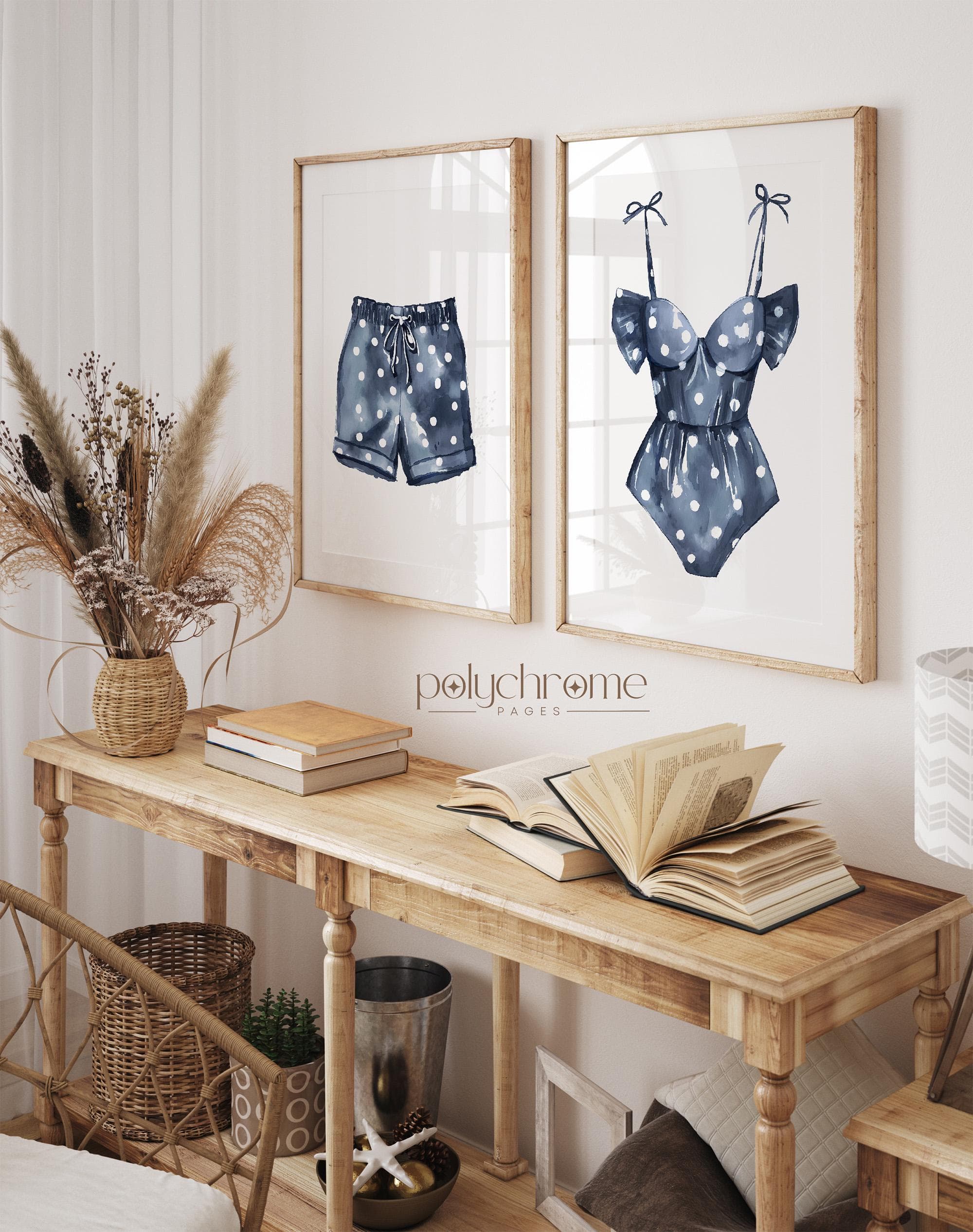 Navy Blue Polka Beachwear, Dotted Swimsuit and Trunks for Coastal Laundry Room, Lake House Pool Bathroom Art | Paper Print