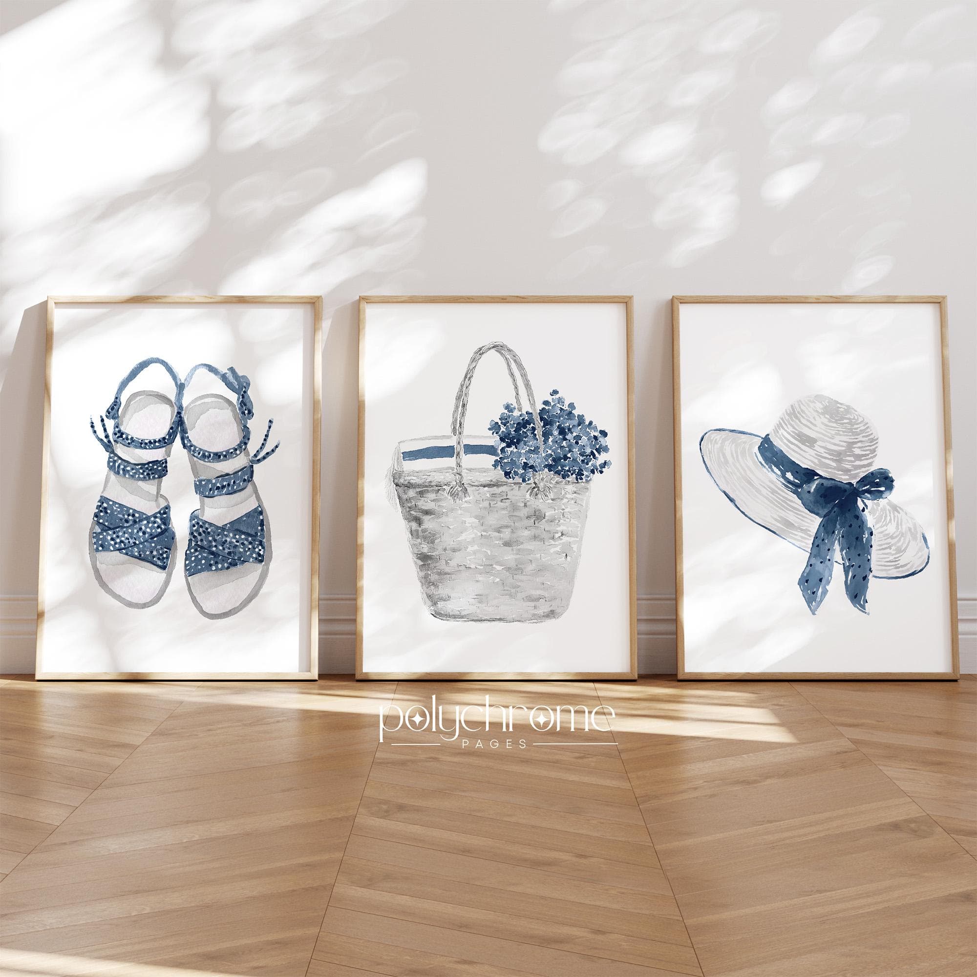 Sandals, Wicker Basket and Sun Hat in Navy Blue, Cute Summer Accessories Illustrations, Vacation Home Changing Room Art | Paper Prints