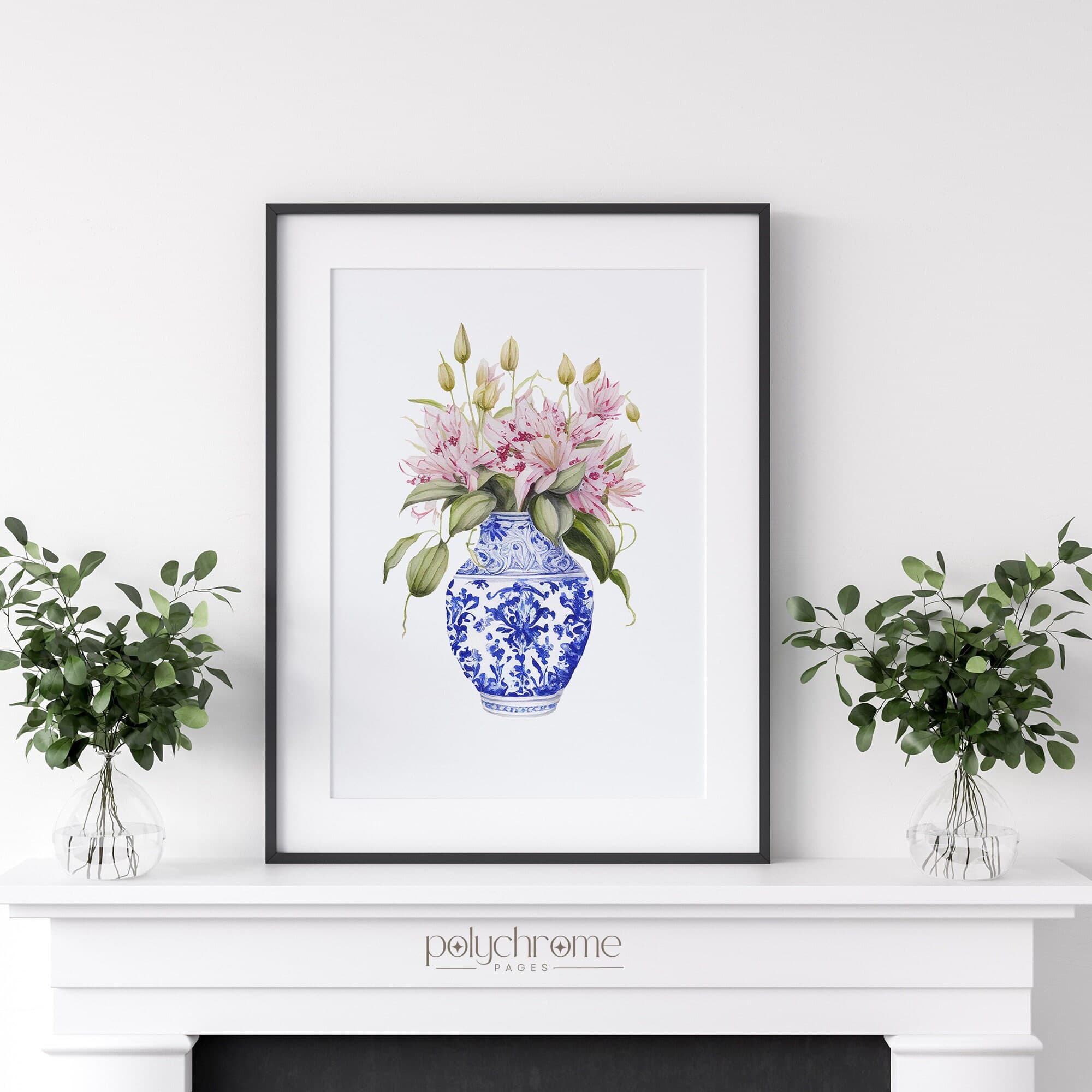 Lilies in Chinoiserie, Cottagecore Grandmillennial Hamptons Style Pink Flower Bouquet in Blue and White China | Paper prints 5x7 - 24x36 in - image 3