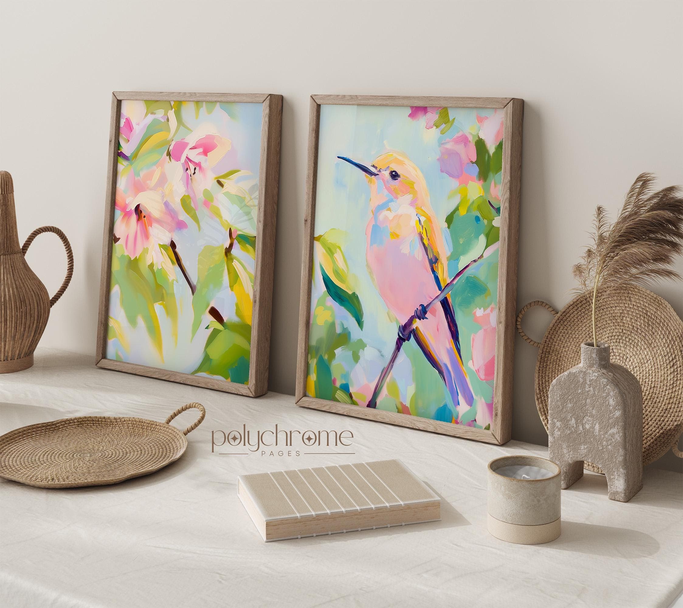 Hummingbird and Hibiscus Tropical Painting - Orange, Pink and Green Colorful Hawaiian Theme Coastal Home Decor | Paper prints 5x7 - 24x36 in