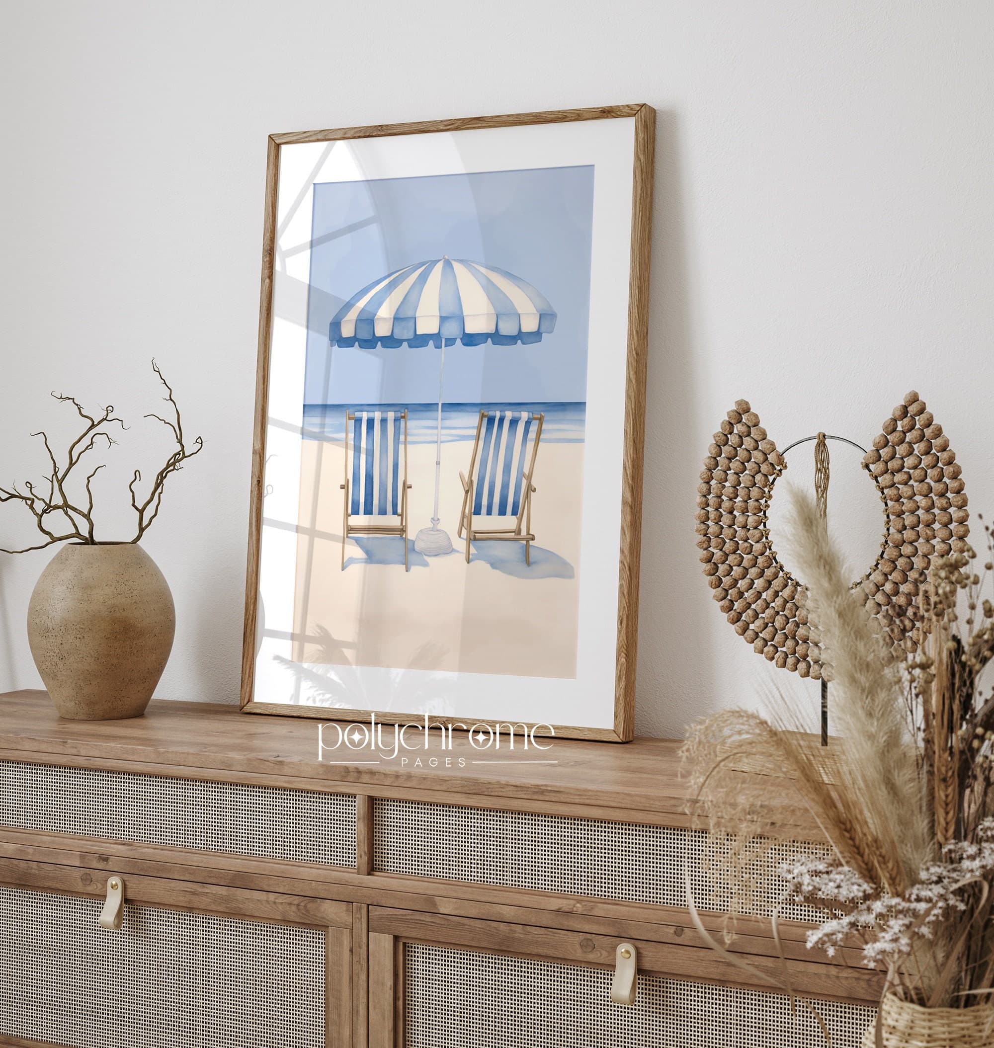Beach Umbrella and Chairs Picture, Beach House Decor Seascape Painting, Ocean Blue Summer Coastal Decor | Paper print size 5x7 - 24x36 in - image 5