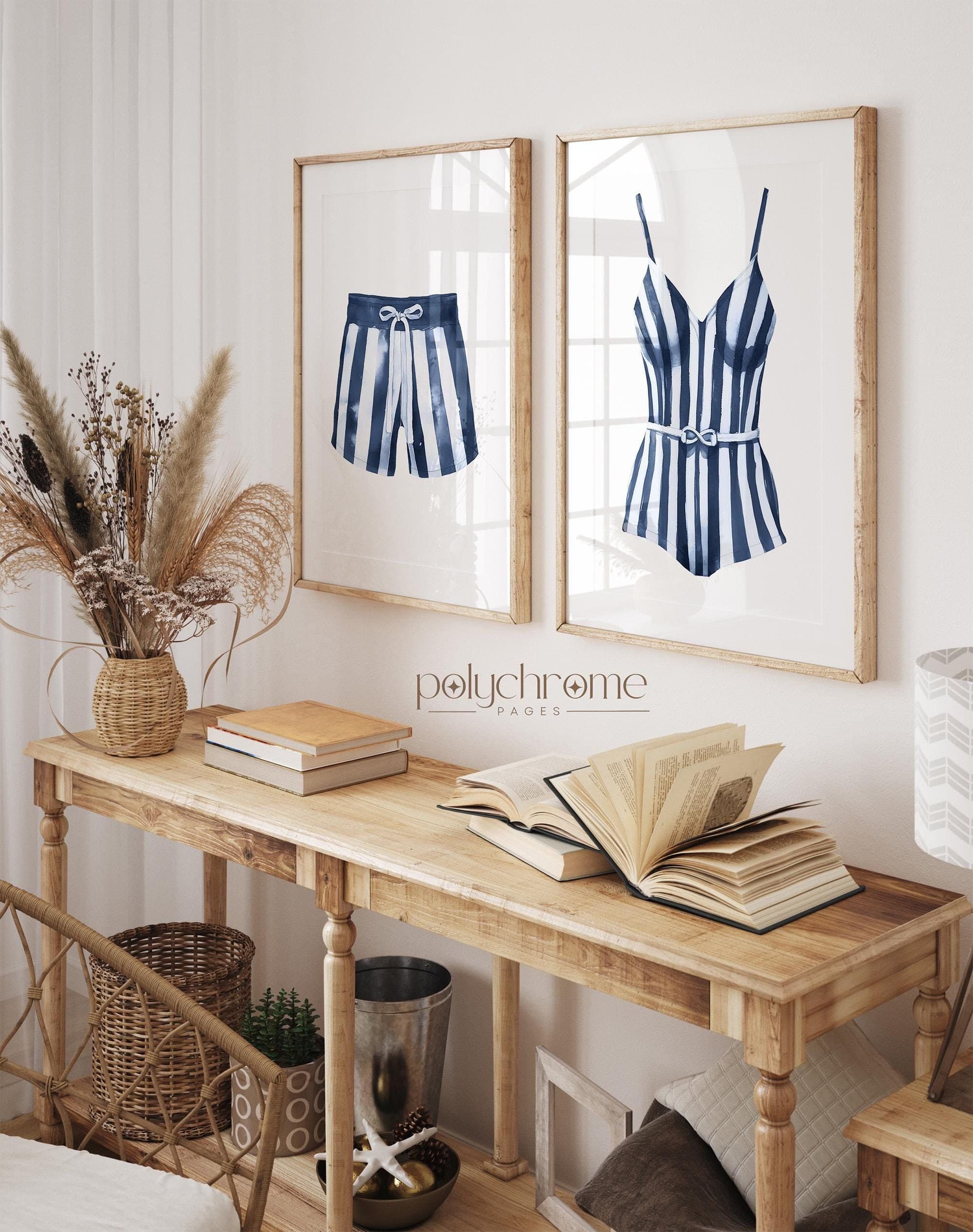 Striped Blue and White Painted Swimsuits Lake House Art, Hale Navy Wall Art, Laundry Room Decor | Paper Print Wall Art sizes 5x7 - 24x36 in