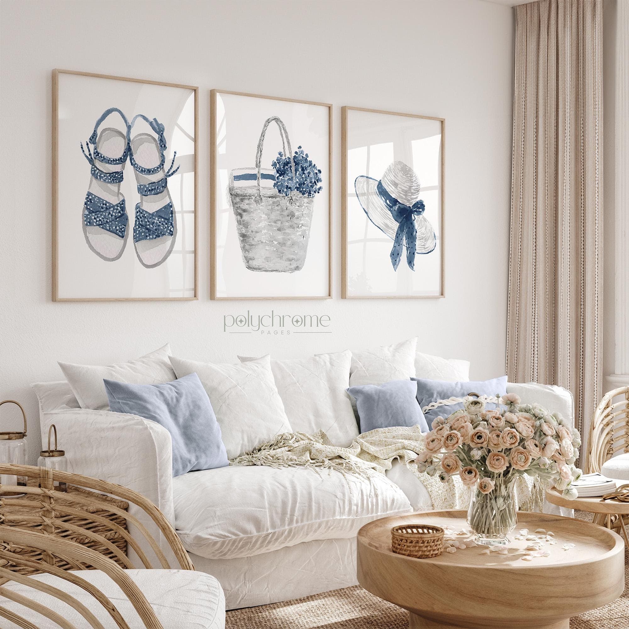 Sandals, Wicker Basket and Sun Hat in Navy Blue, Cute Summer Accessories Illustrations, Vacation Home Changing Room Art | Paper Prints - image 3