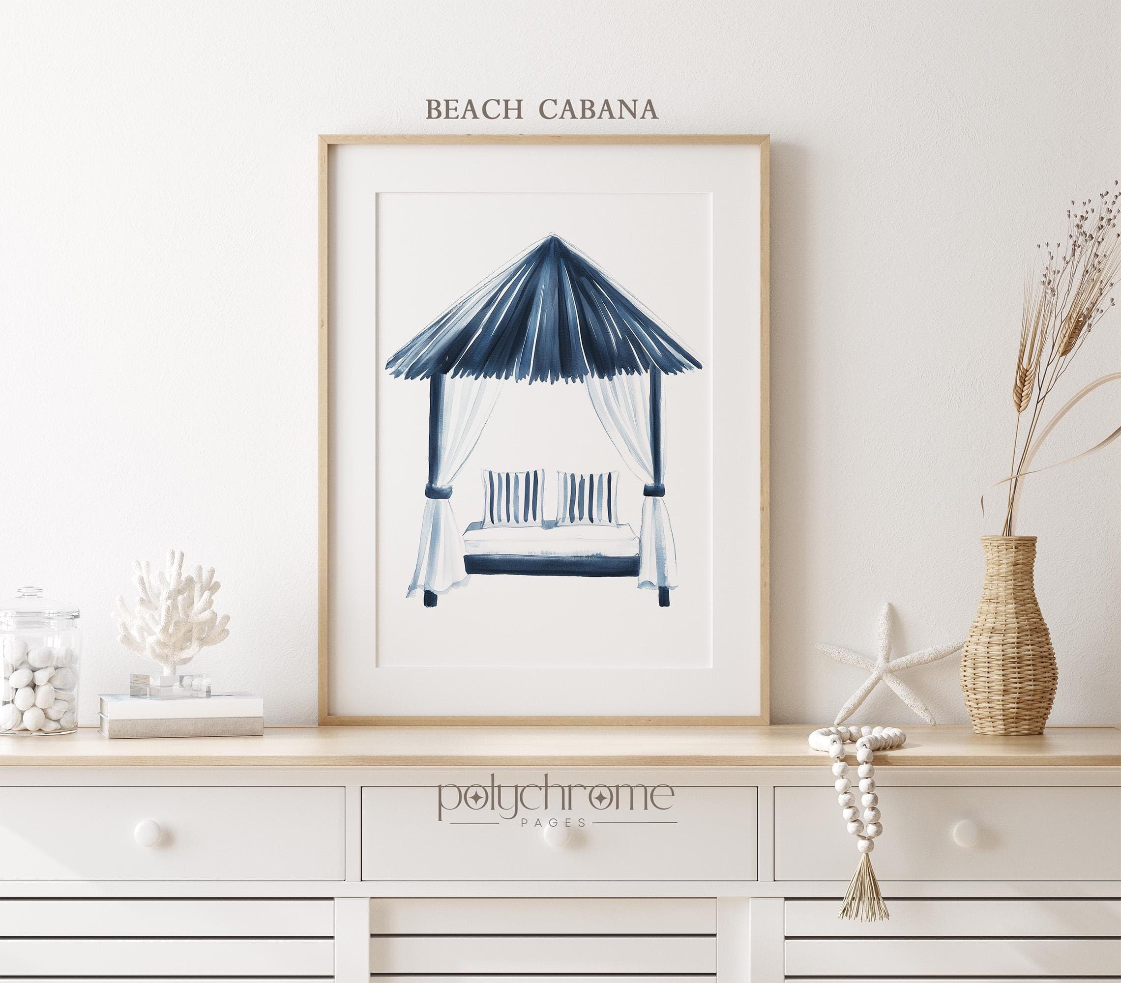 Striped Hammock, Beach Umbrella and Cabana in Navy Blue, Vacation Style Bedroom Decor, Coastal Summer Dorm Room Art | Prints 5x7 - 24x36 in - image 4