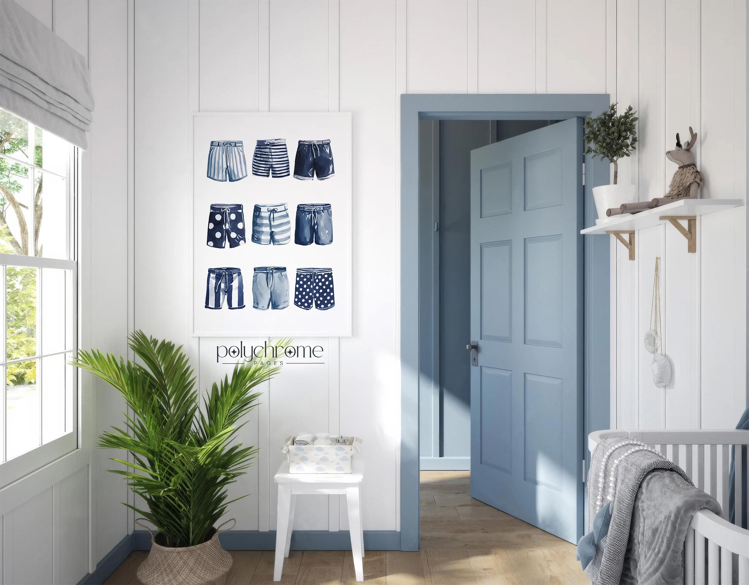 Shorts Lineup in Navy Blue, A Variety of Trunks for Laundry Room, Painted Swimwear, Lake House Pool Bathroom Art | Paper Print 5x7-24x36 in - image 3