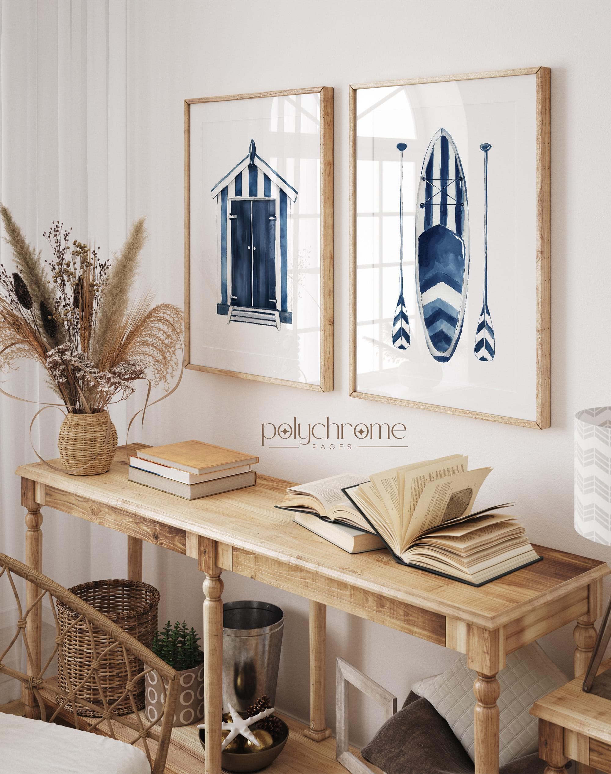 Beach Hut and SUP Paddle with Oars in Navy Blue and White, Lake House Summer Holiday Rental Art - Coastal Bathroom Decor | Paper Prints