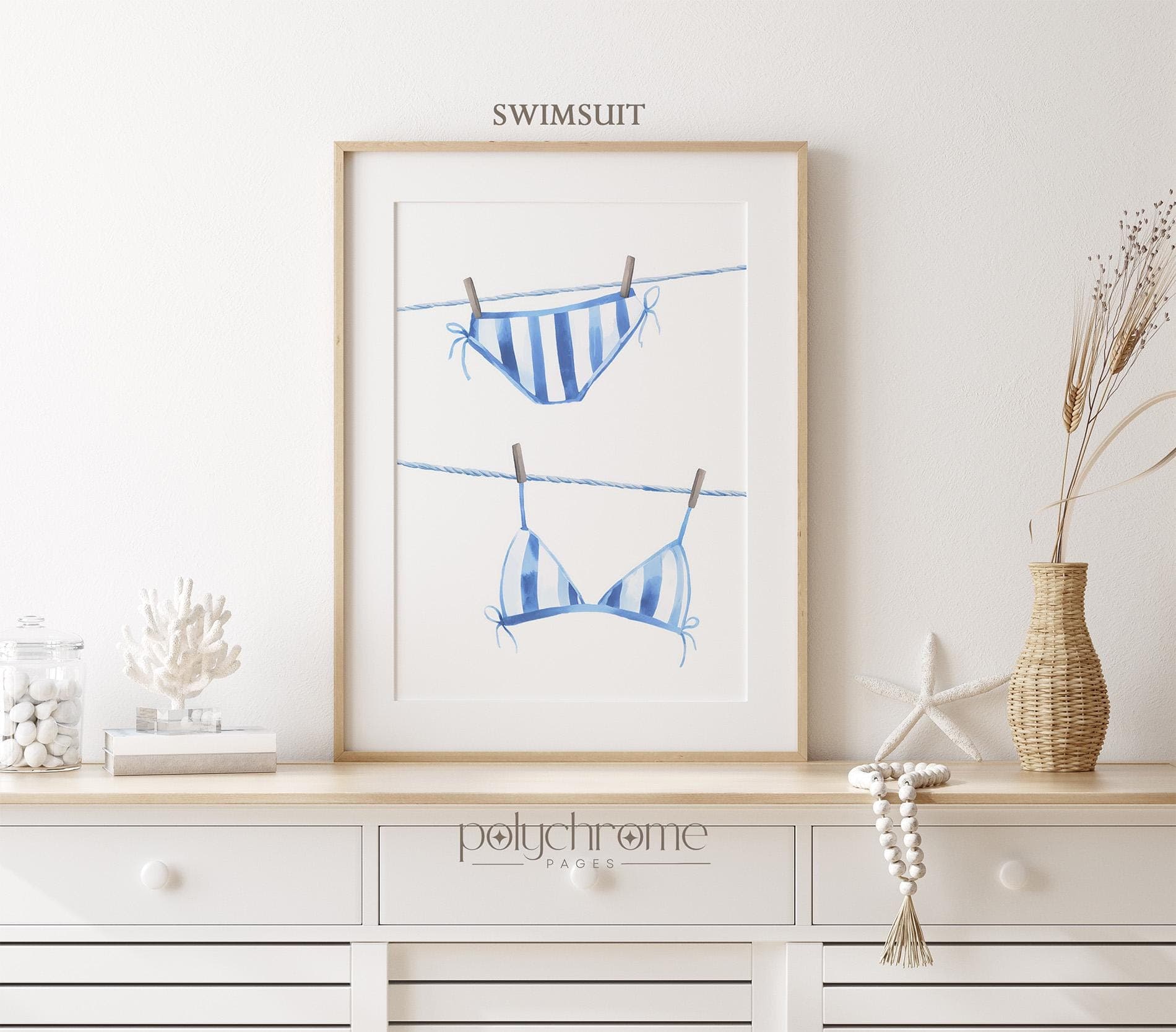 Hanging Bikini & Swimming Trunks in Ocean Blue, Swimsuits on Clothesline Laundry Room Decor, Lake House Pool Bathroom | Prints 5x7 - 24x36in - image 5