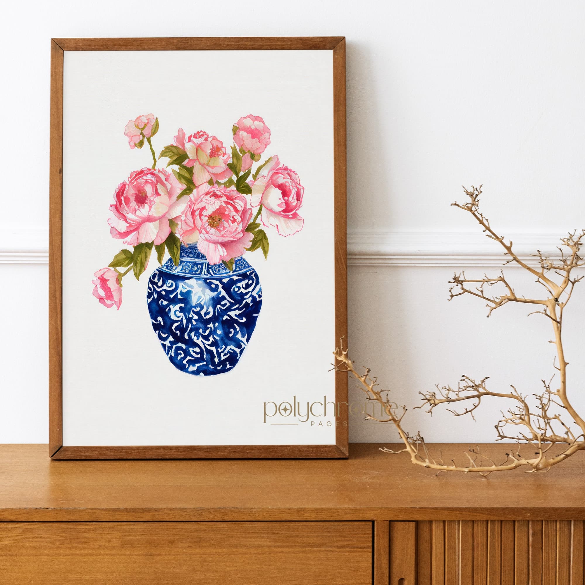 Flowers in chinoiserie watercolor wall art, peonies in blue and white chinoiserie art print, chinoiserie peony fine art print - image 3