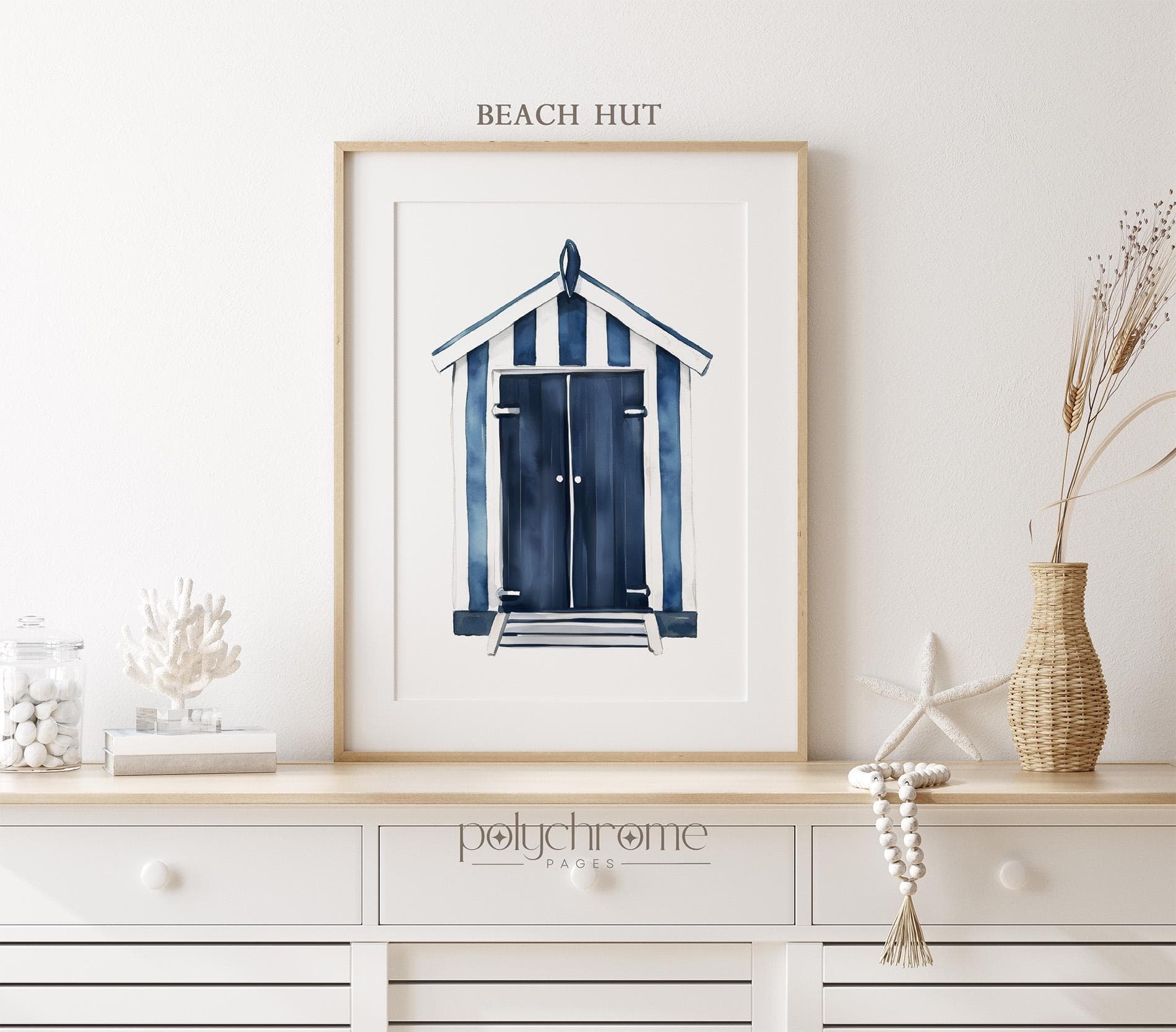 Beach Hut and SUP Paddle with Oars in Navy Blue and White, Lake House Summer Holiday Rental Art - Coastal Bathroom Decor | Paper Prints - image 4