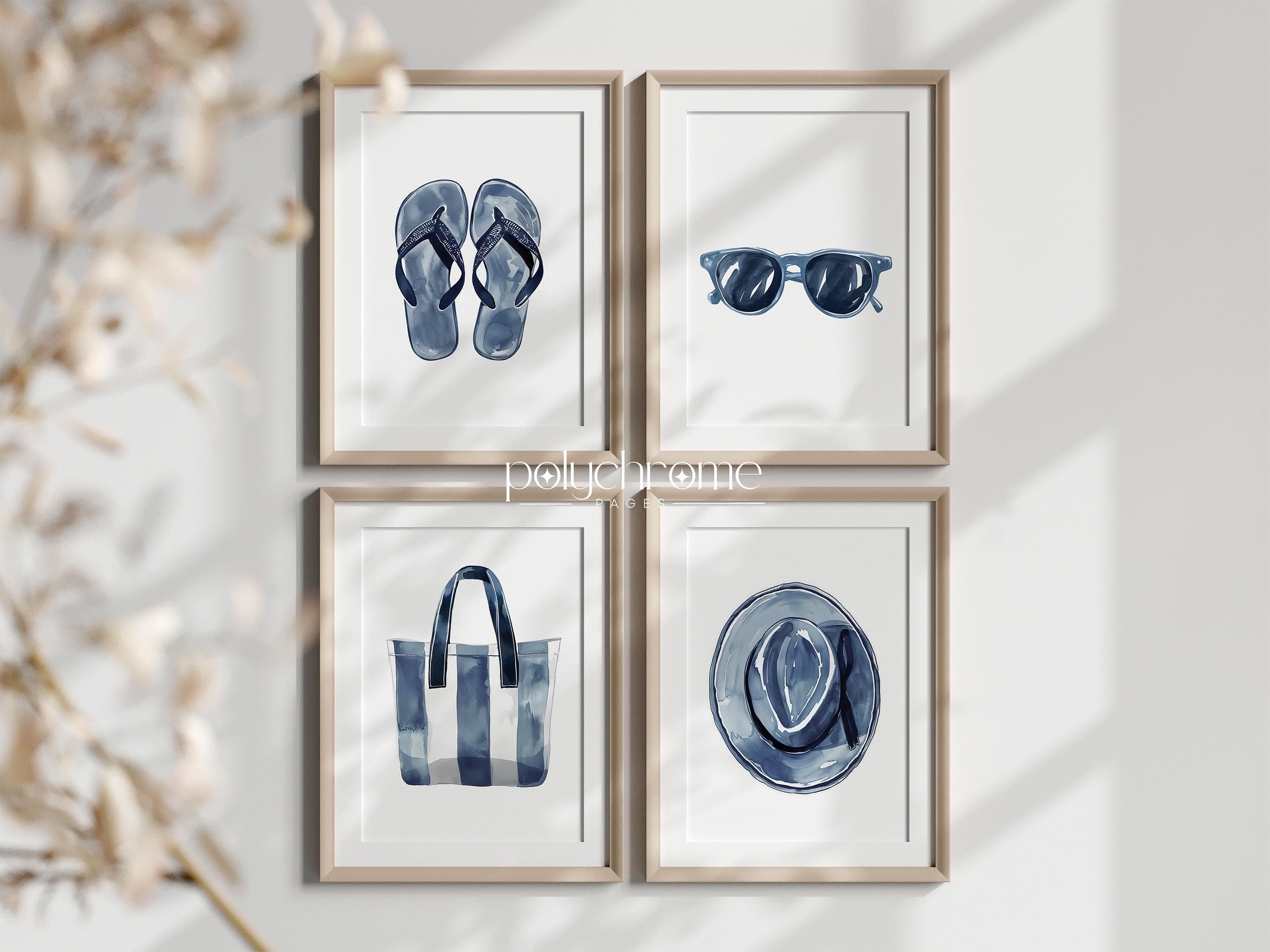 Flip flops, sunglasses, tote beach bag and sun hat, beach vacation home art. Navy blue pool bathroom decor idea | Paper prints 5x7 - 24x36in