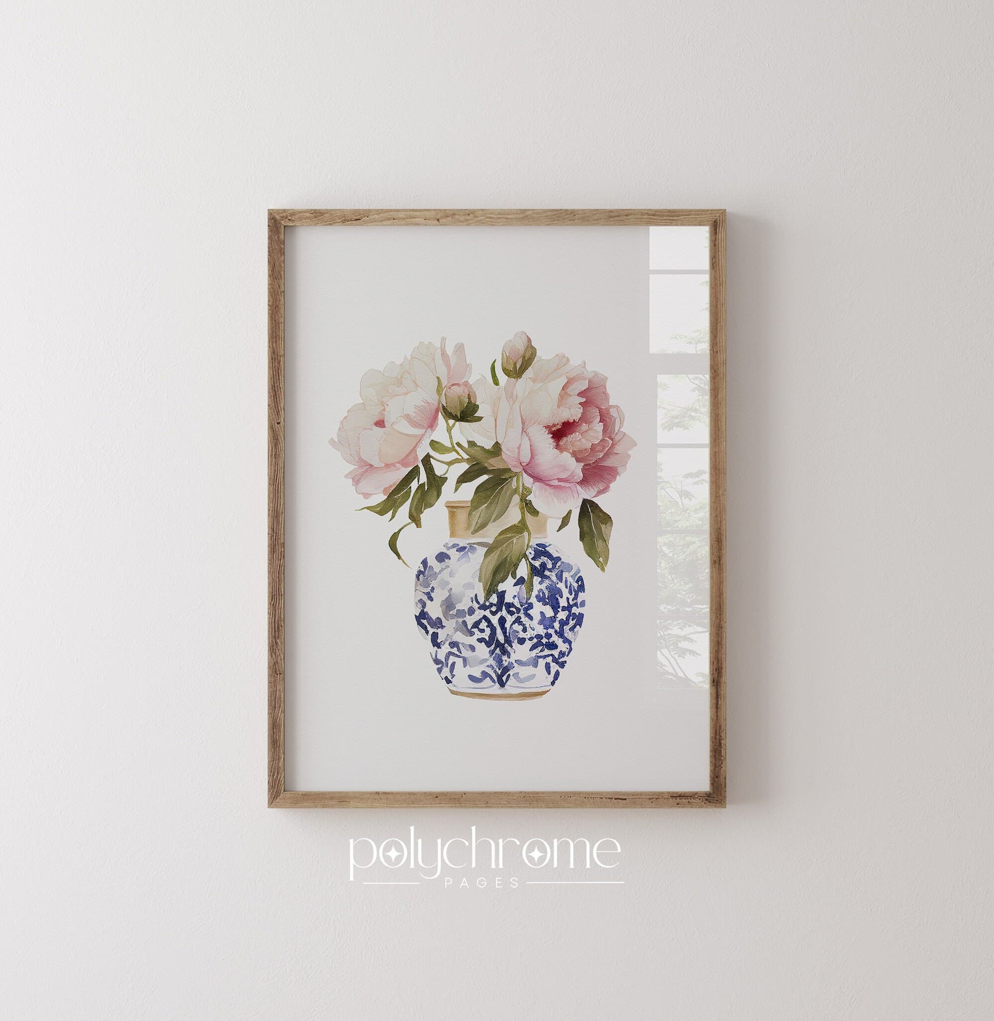 Flowers in chinoiserie watercolor wall art, peonies in blue and white coastal Hamptons art print | Paper print sizes 5x7 - 24x36 in