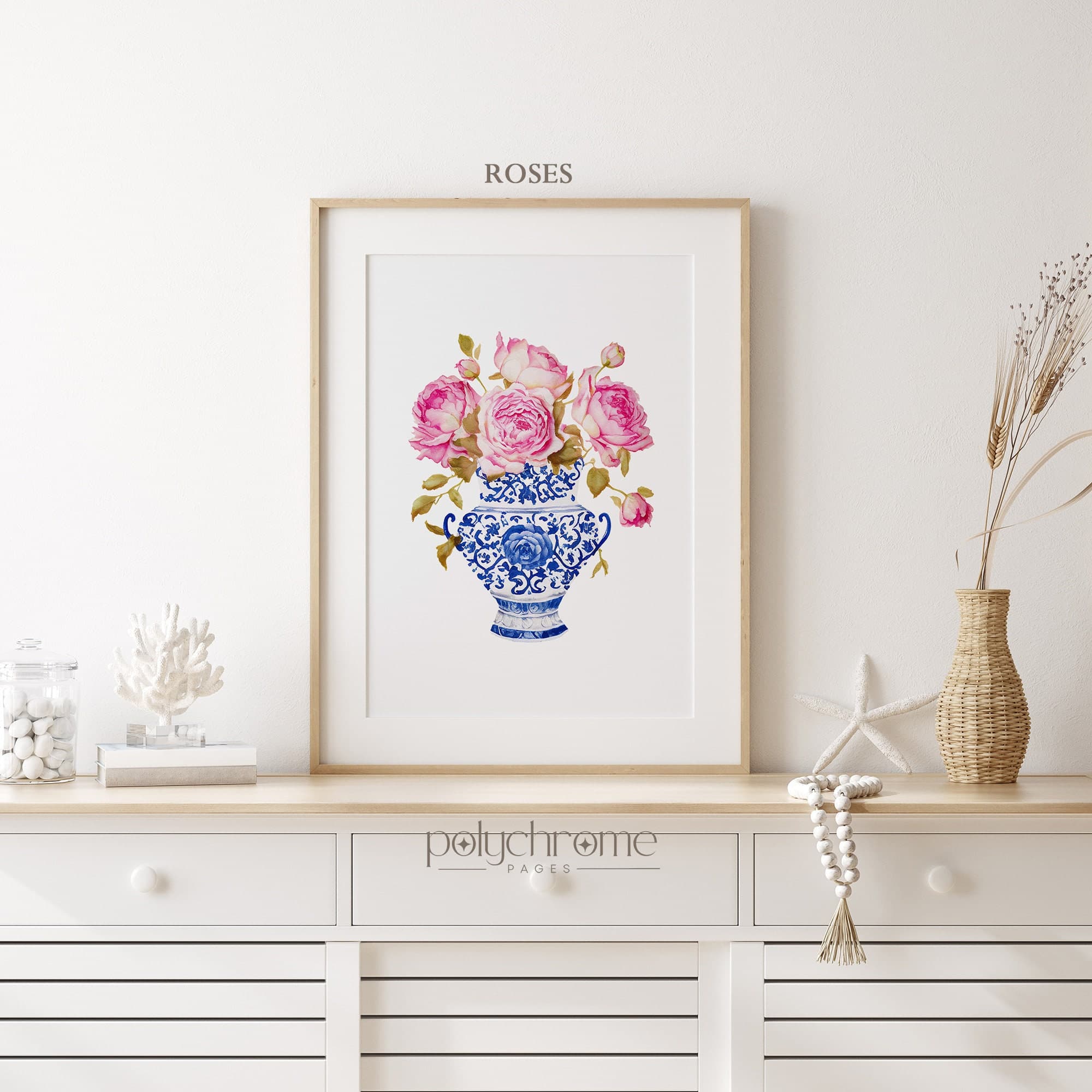 Roses and Tulips in Chinoiserie, Hamptons Style Pink Flower Bouquets in Blue and White China Wall Art | Paper prints 5x7 - 24x36 in - image 5