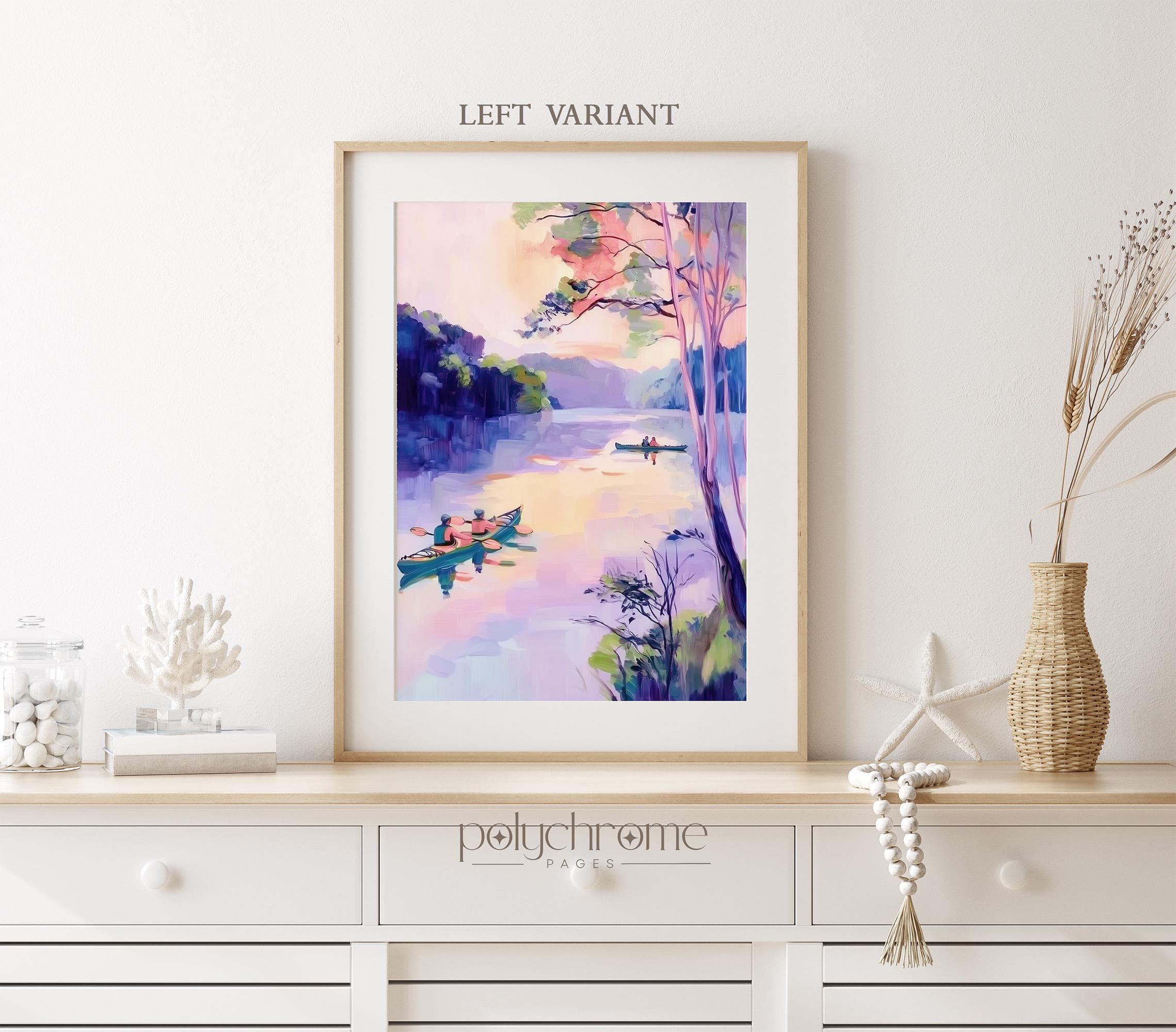 Kayaks on a Lake in Purple and Pink, Canoeing Lake House Art, Fishing Cabin Decor, Vintage Pool Bathroom Idea | Paper prints 5x7 - 24x36 in - image 4
