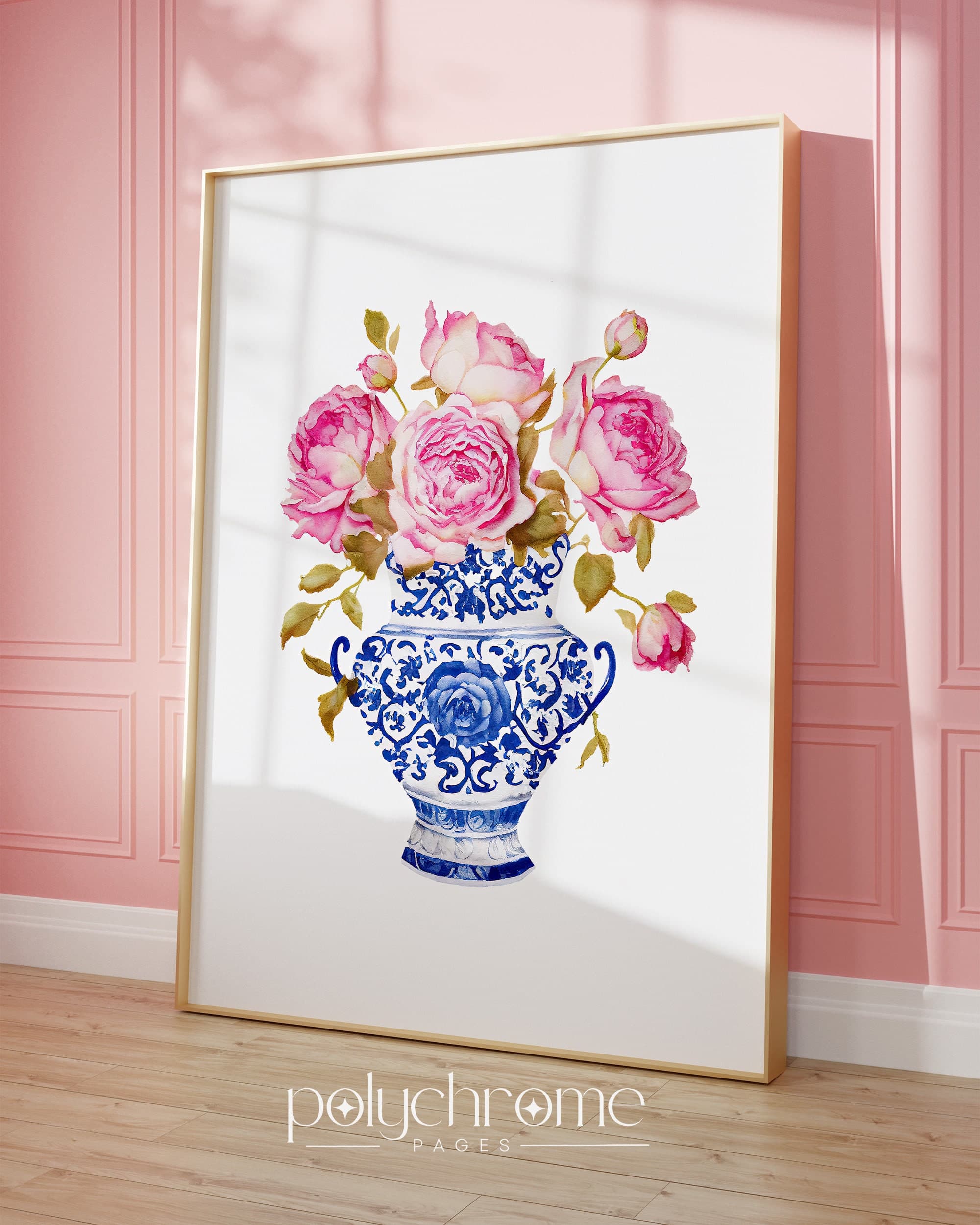 Roses in Chinoiserie, Cottagecore Grandmillennial Hamptons Style Pink Flower Bouquet in Blue and White China | Paper prints 5x7 - 24x36 in - image 3