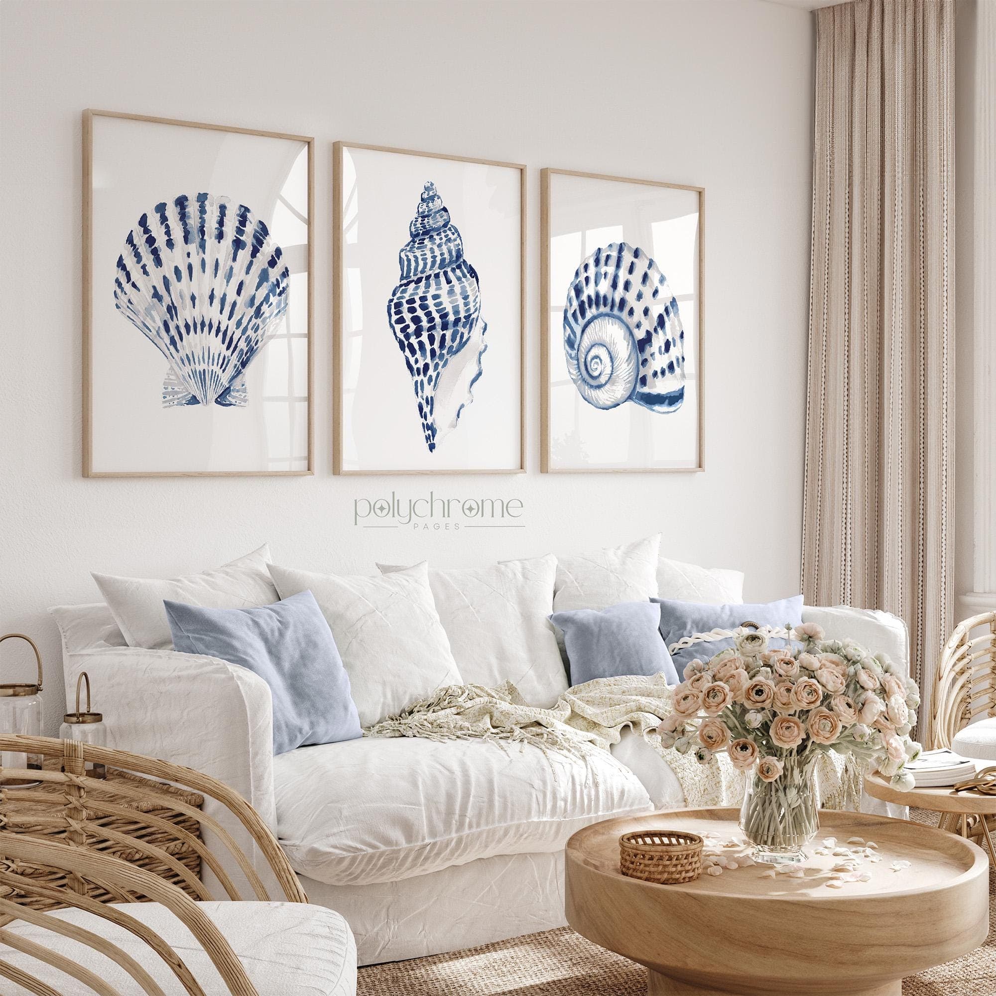 Navy Blue and White Seashells for Seaside Vacation Home, Scallop, Conch and Nautilus Shells Design, Coastal Laundry Room Art | Paper Print