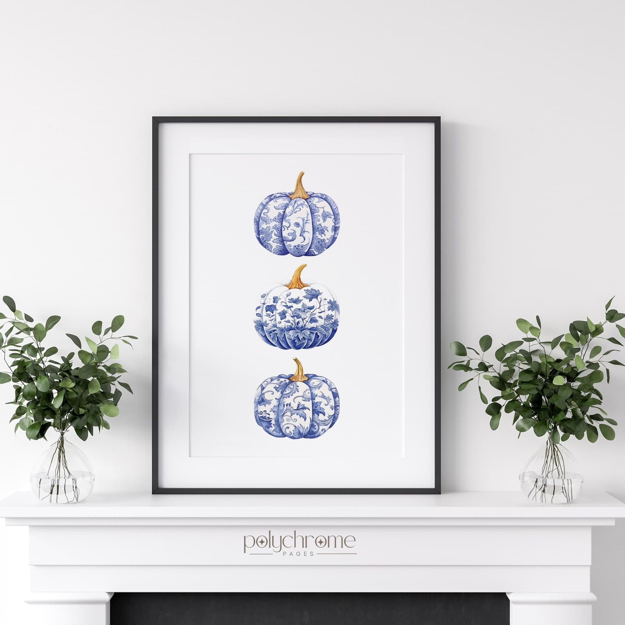 Chinoiserie Pumpkin Art, Hamptons Style Autumn Aestetic Fall Paintings, Blue and White China Wall Art | Paper Print Sizes 5x7 - 24x36 in - image 4