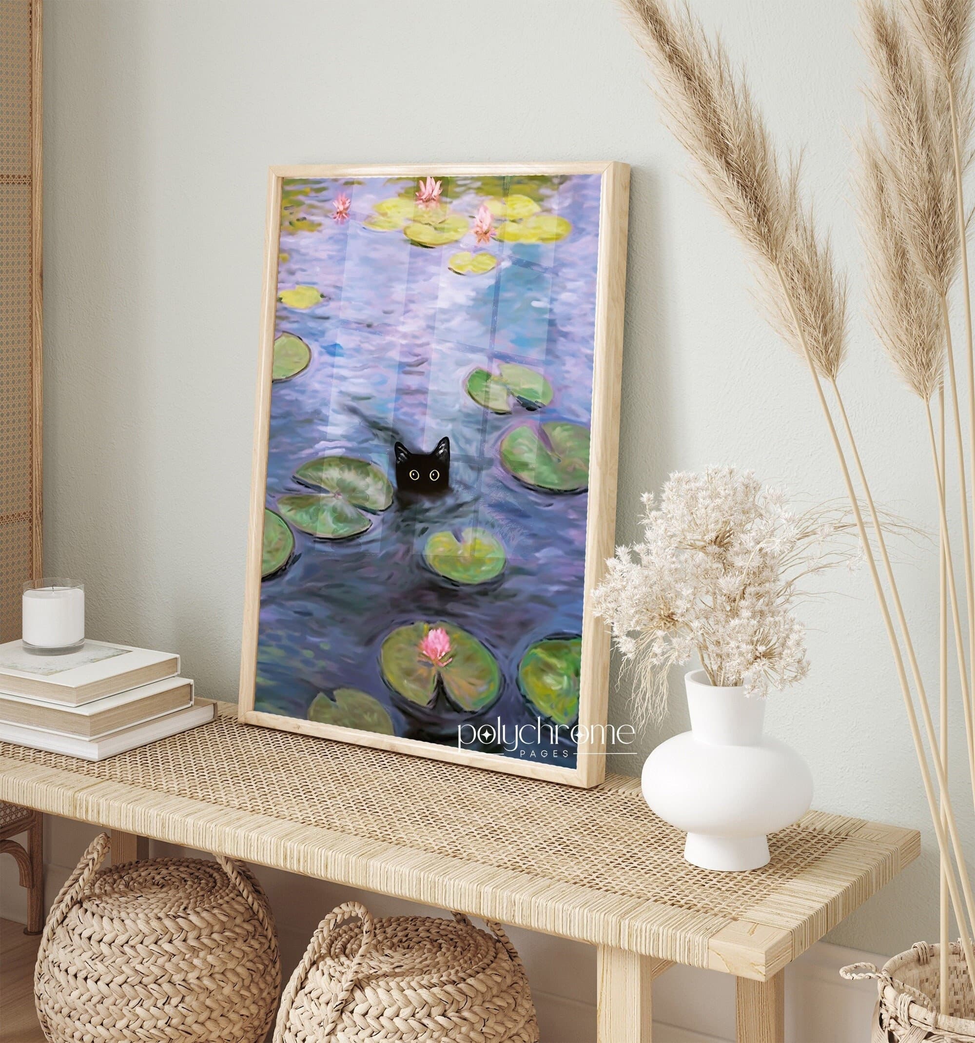 Cat in Monet Water Lilies, Black cat in pond, funny cat painting, gifts for cat lovers, Pond prowler | Paper print sized: 8.5x12 - 24x36in