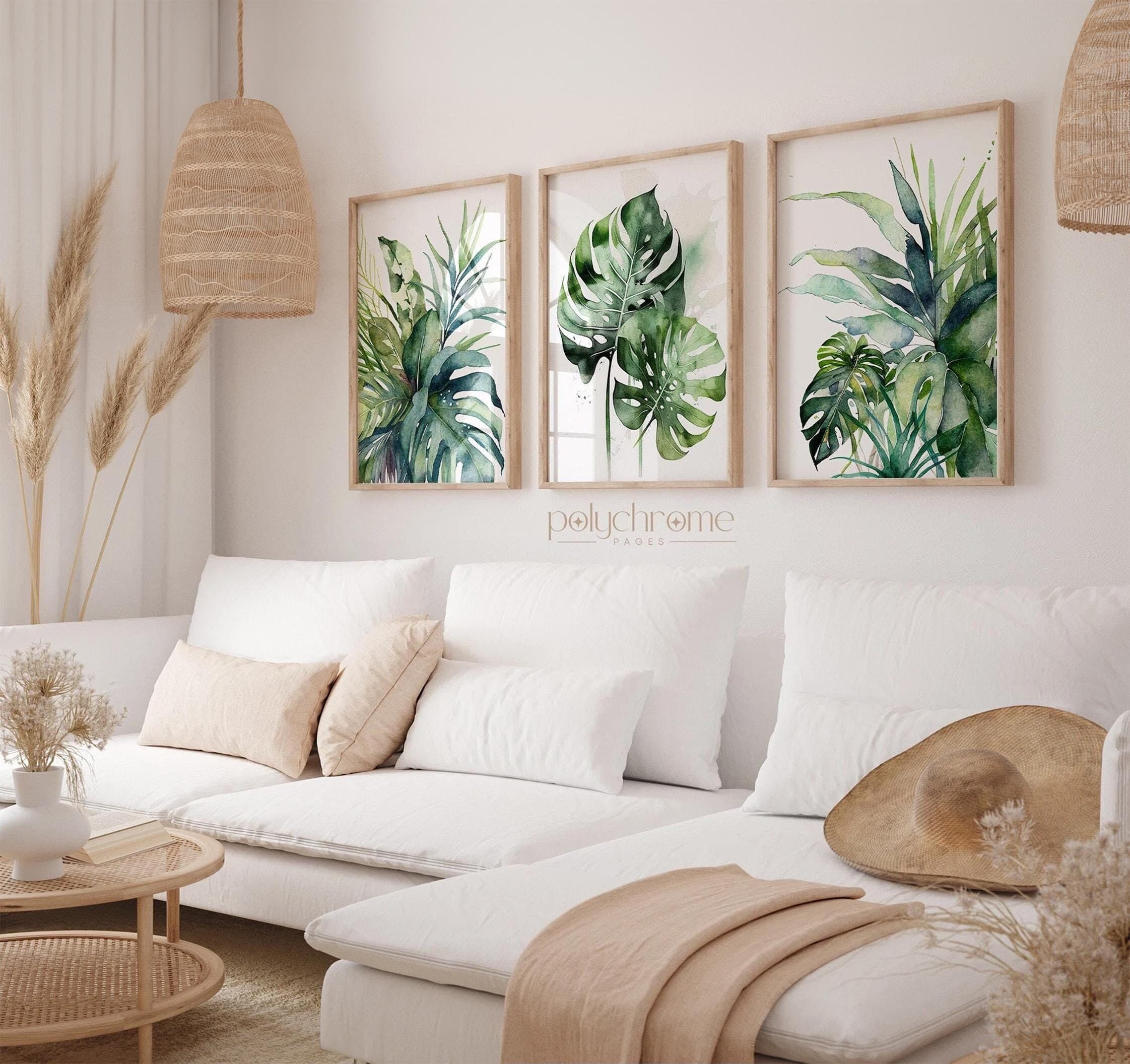 Set of Three Tropical Leaf Watercolor Paintings, Living room plant poster, Tropical Plants Painting of Monstera 3 piece wall art | Printable