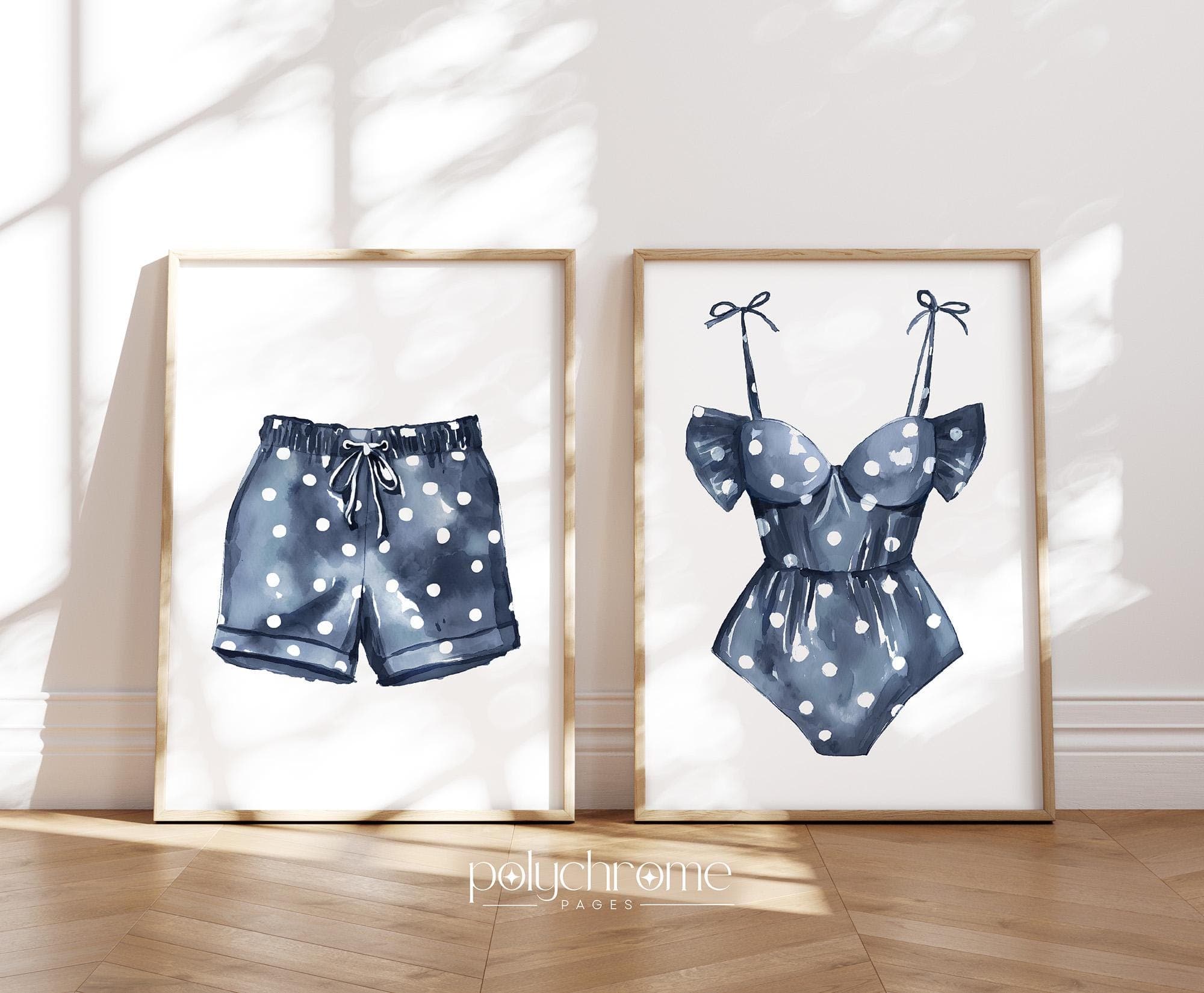 Navy Blue Polka Beachwear, Dotted Swimsuit and Trunks for Coastal Laundry Room, Lake House Pool Bathroom Art | Paper Print - image 5