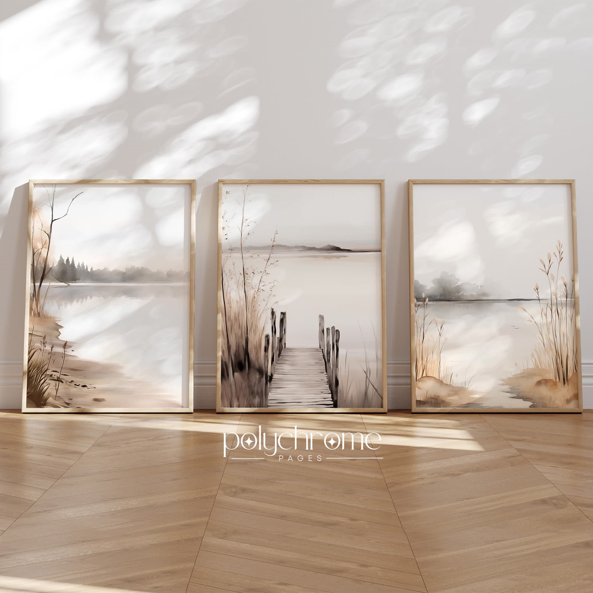Lake Landscape Paintings in Gray and Beige, Vintage Rustic Pier Greige Lakeside Art | Paper Prints sizes 5x7 - 24x36 in