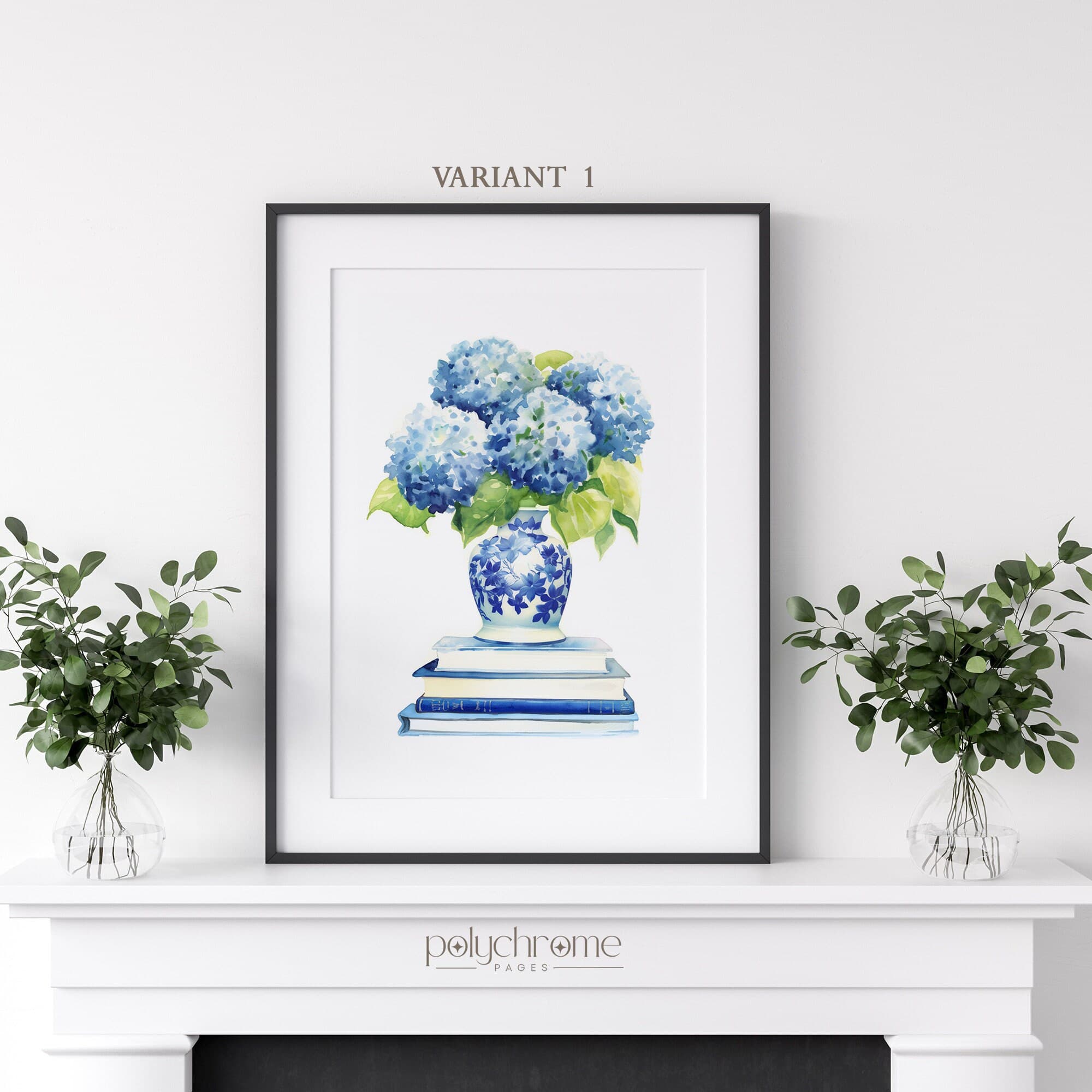 Blue Hydrangeas in Chinoiserie, Hamptons Style Flower Bouquets in Blue and White China, Gifts for Book Lovers | Paper prints 5x7 - 24x36 in - image 5