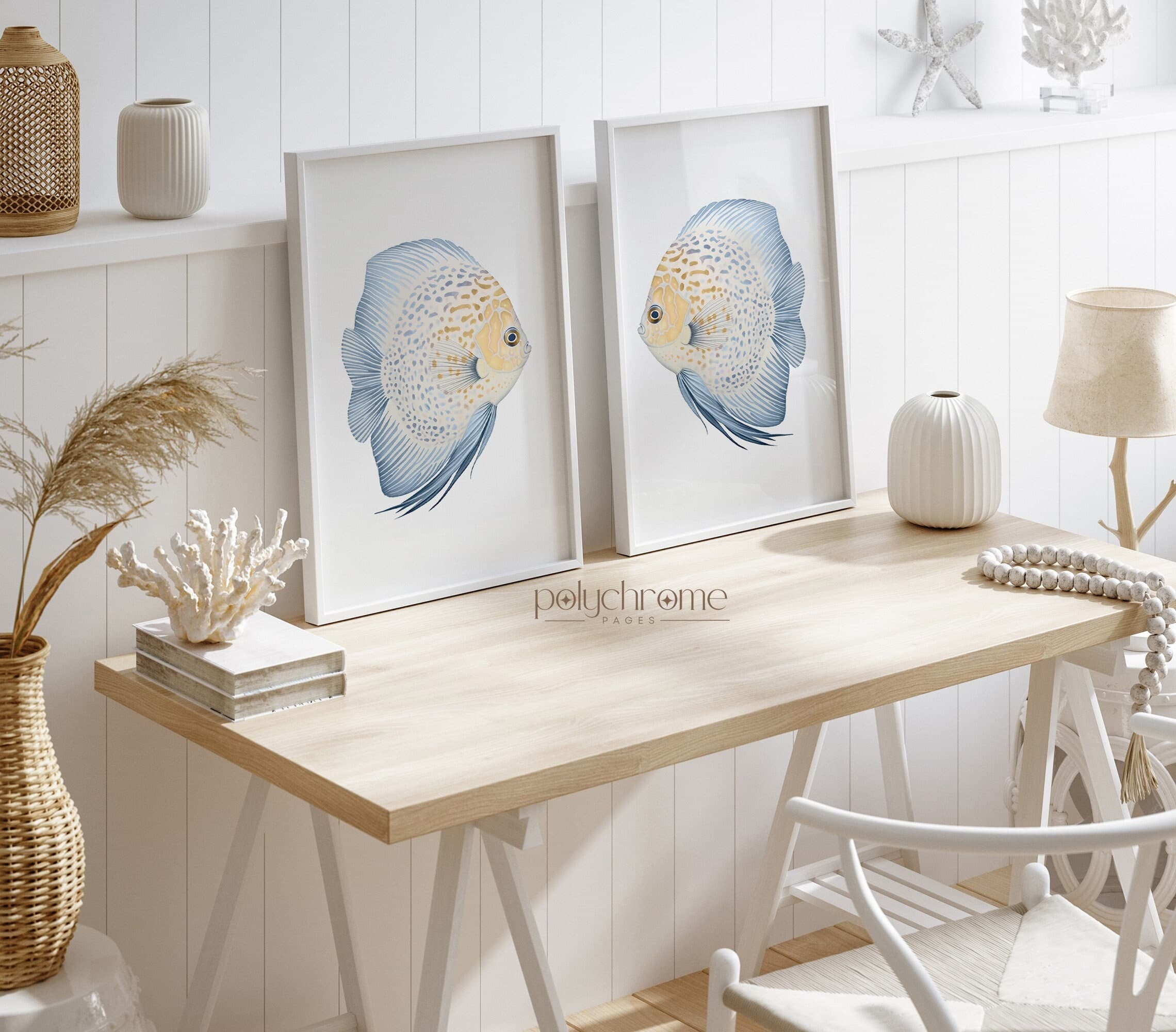 Blue and Yellow Discus Fish, Coastal Nautical Hamptons Decor, Beach Tropical Exotic Lake House Art | Paper Print Sizes 5x7 - 24x36 in - image 3