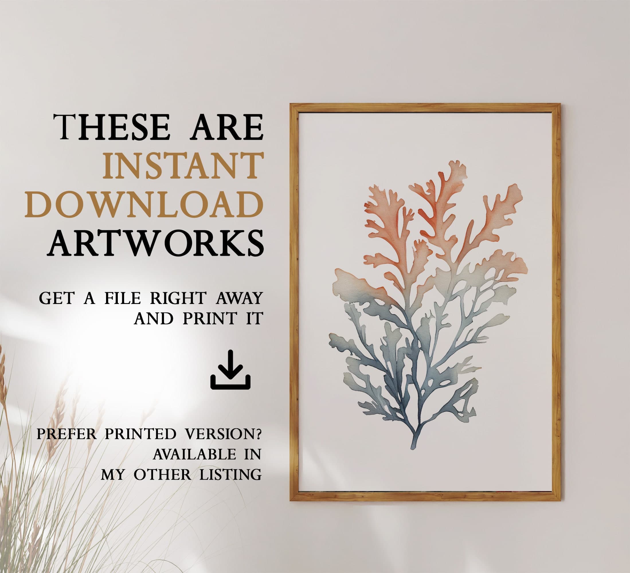 Coral reef drawing with orange and blue gradient ocean painting set of bathroom wall art, triptych art | Printable sizes: 8x10 - 24x36'' - image 4