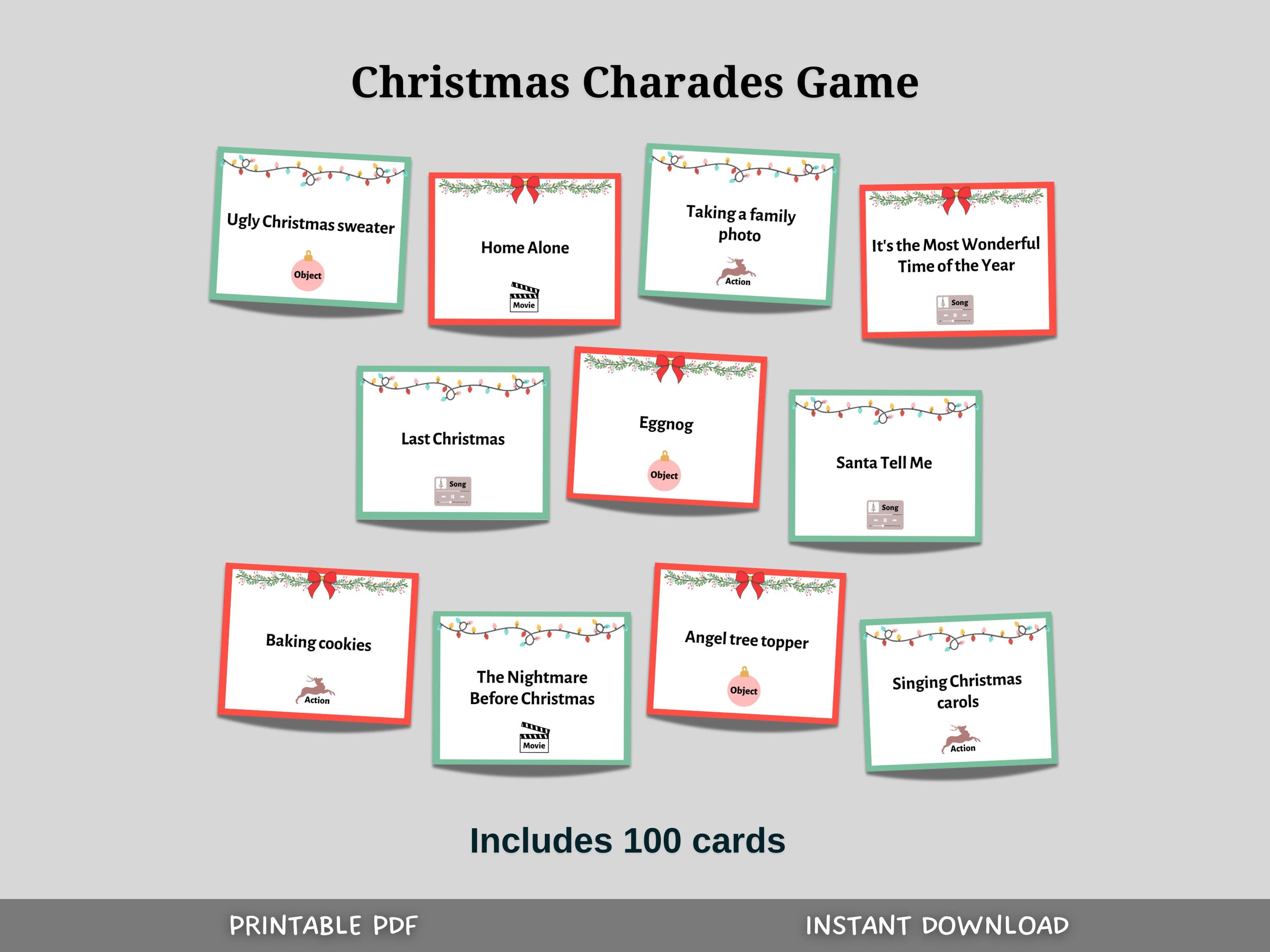 Christmas Charades Game Printable, Holiday Party Activity for Family, Adults and Kids, Office Party, Classroom Game, Xmas Pictionary Cards