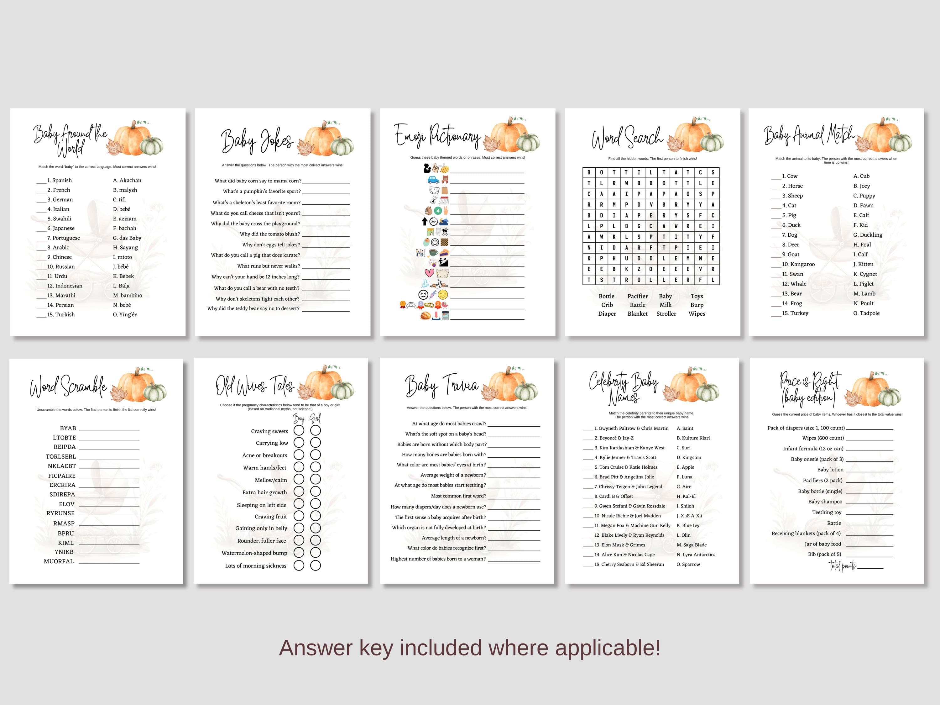 Pumpkin Baby Shower Games Printable Bundle, Fall Autumn Themed Party Activity Ideas, Fun Decor Cute Activities for Adults Family Friends - image 5