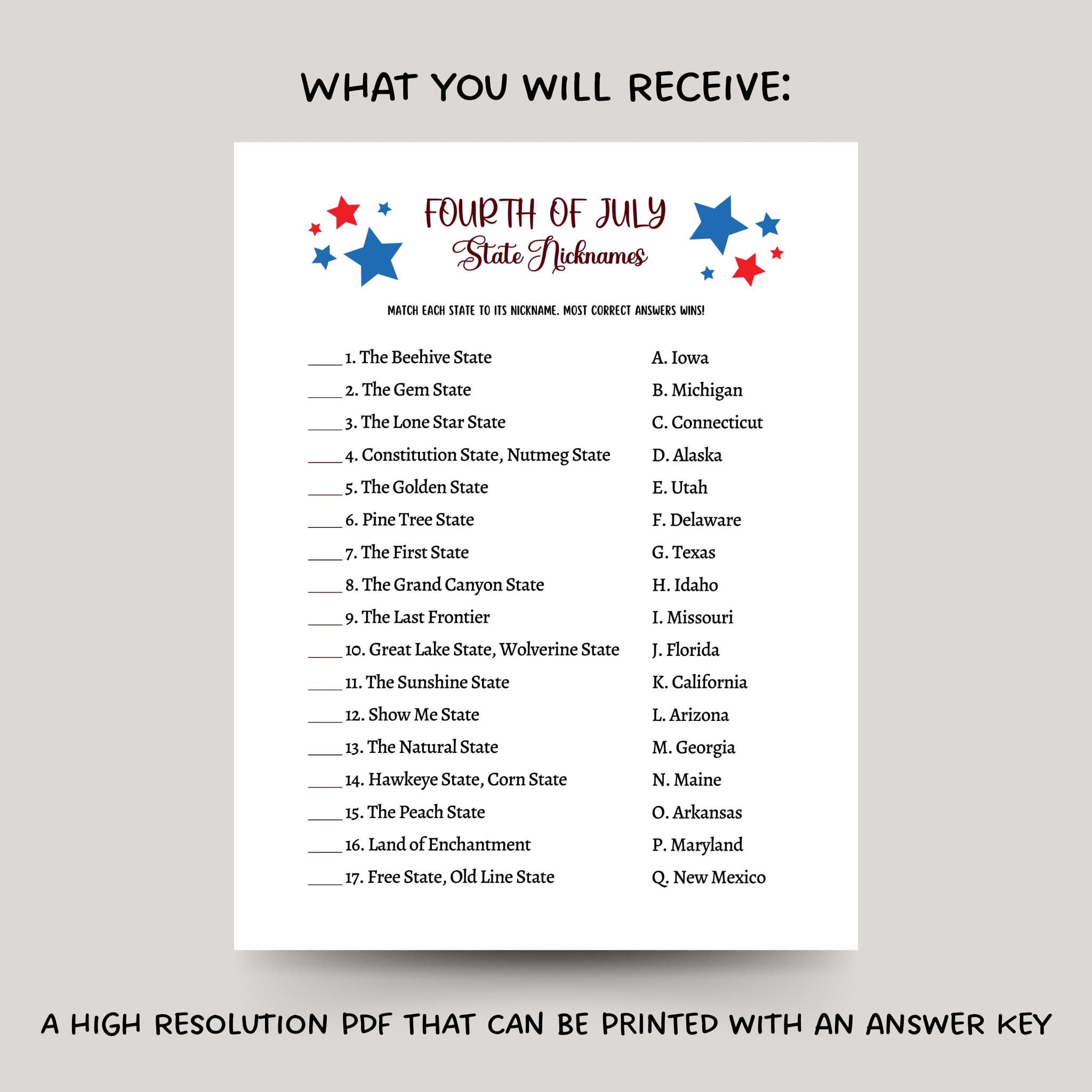 July 4th State Nicknames Game Printable, Independence Day Party Ideas, Family Activity for Adults & Kids, Fourth of July Patriotic Quiz - image 3