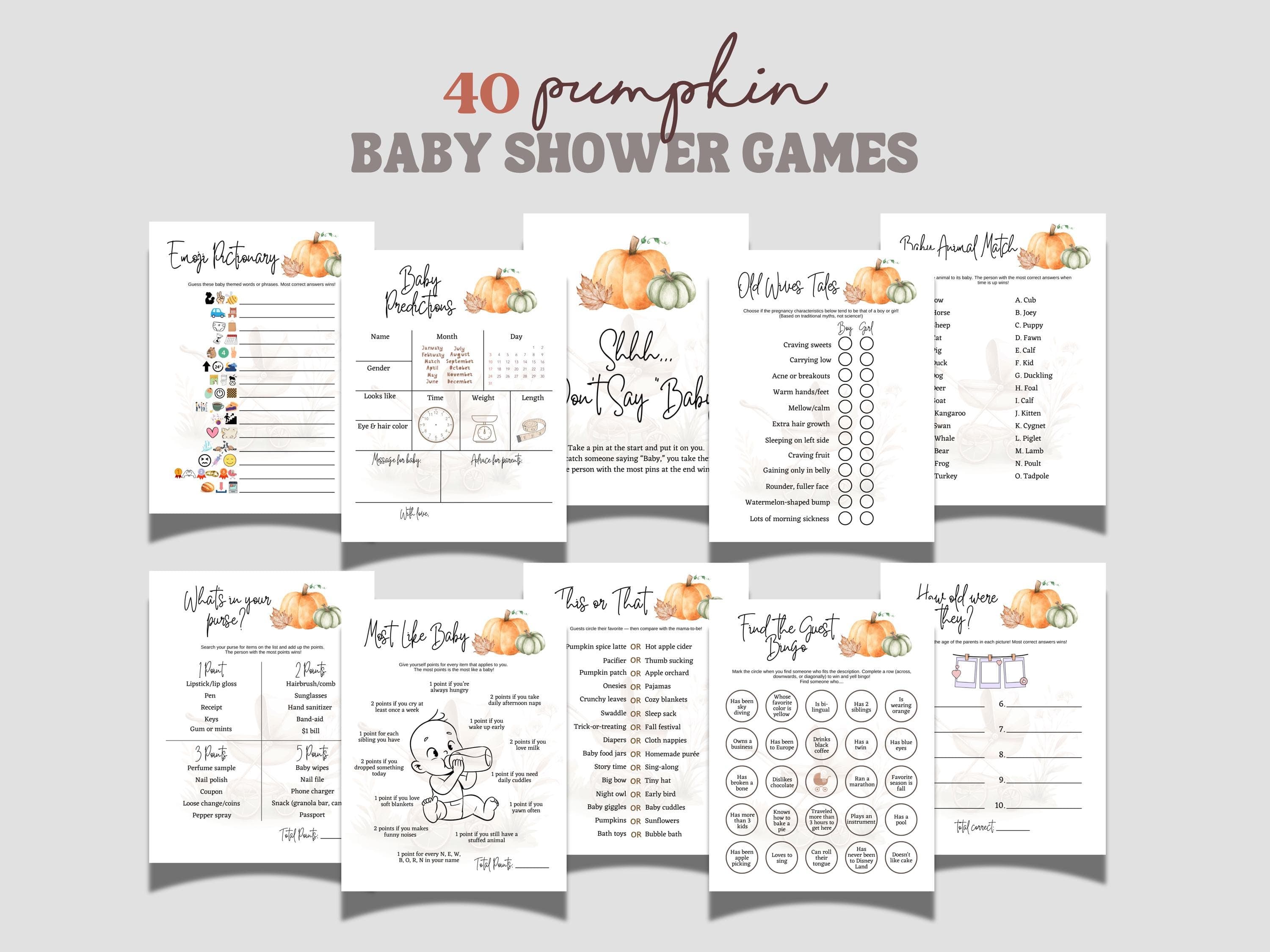 Pumpkin Baby Shower Games Printable Bundle, Fall Autumn Themed Party Activity Ideas, Fun Decor Cute Activities for Adults Family Friends