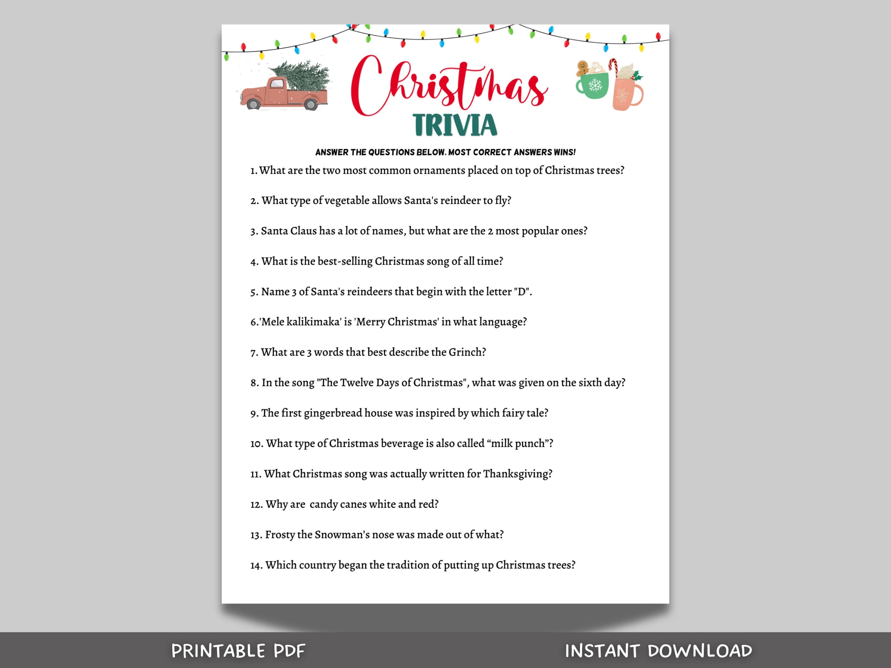 Christmas Trivia Game Printable, Fun Holiday Party Game, Office Party Game, Xmas Family Activity Game, Christmas Party Game, Adults & Kids