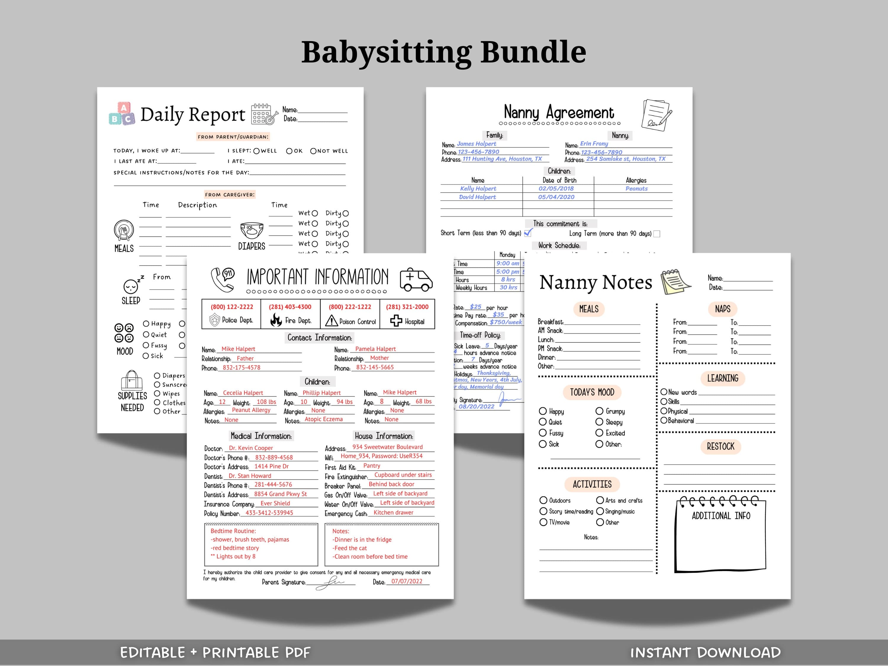Babysitter Planner Printable Bundle, Babysitter Information, Nanny Notes, Nanny Agreement, Emergency Info Sheet, Toddler Daily Report Log