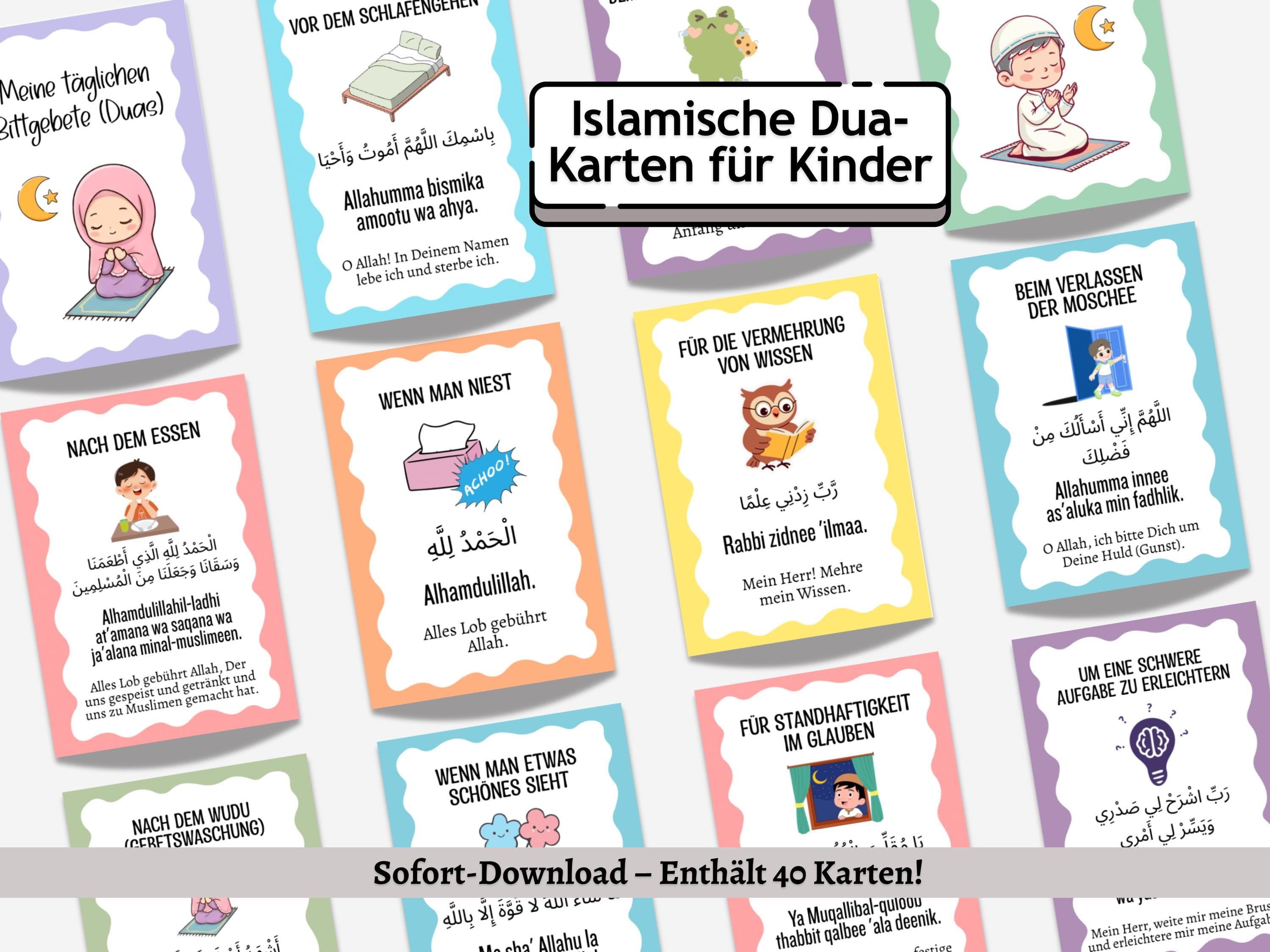 Islamische Dua Karten Kinder PDF, 40 Tägliche Duas Arabisch Deutsch, Ramadan Kids Printable, Islamic Prayer Flashcards