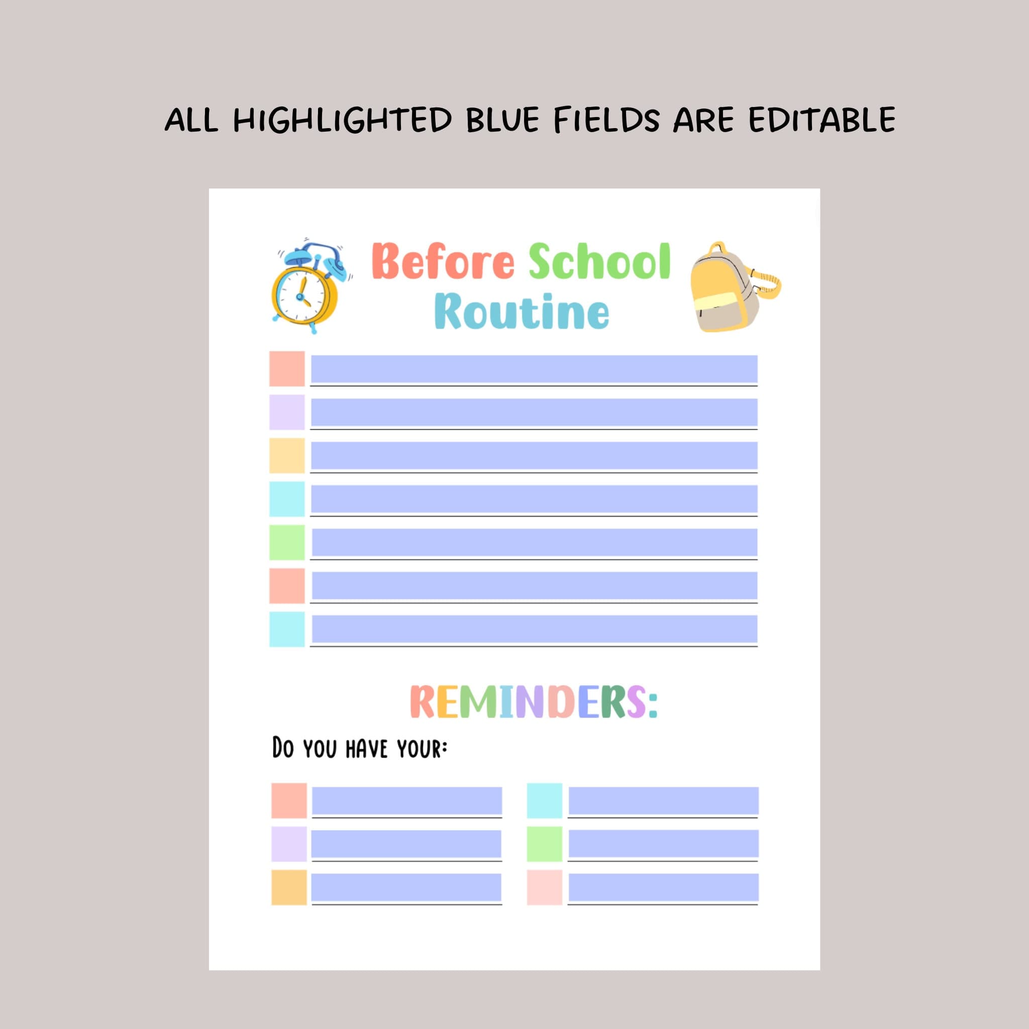 Printable Before School Checklist, Morning Reminders for Kids, Editable Morning Routine Chart, Preschool Kindergarten Elementary Reminders - image 4