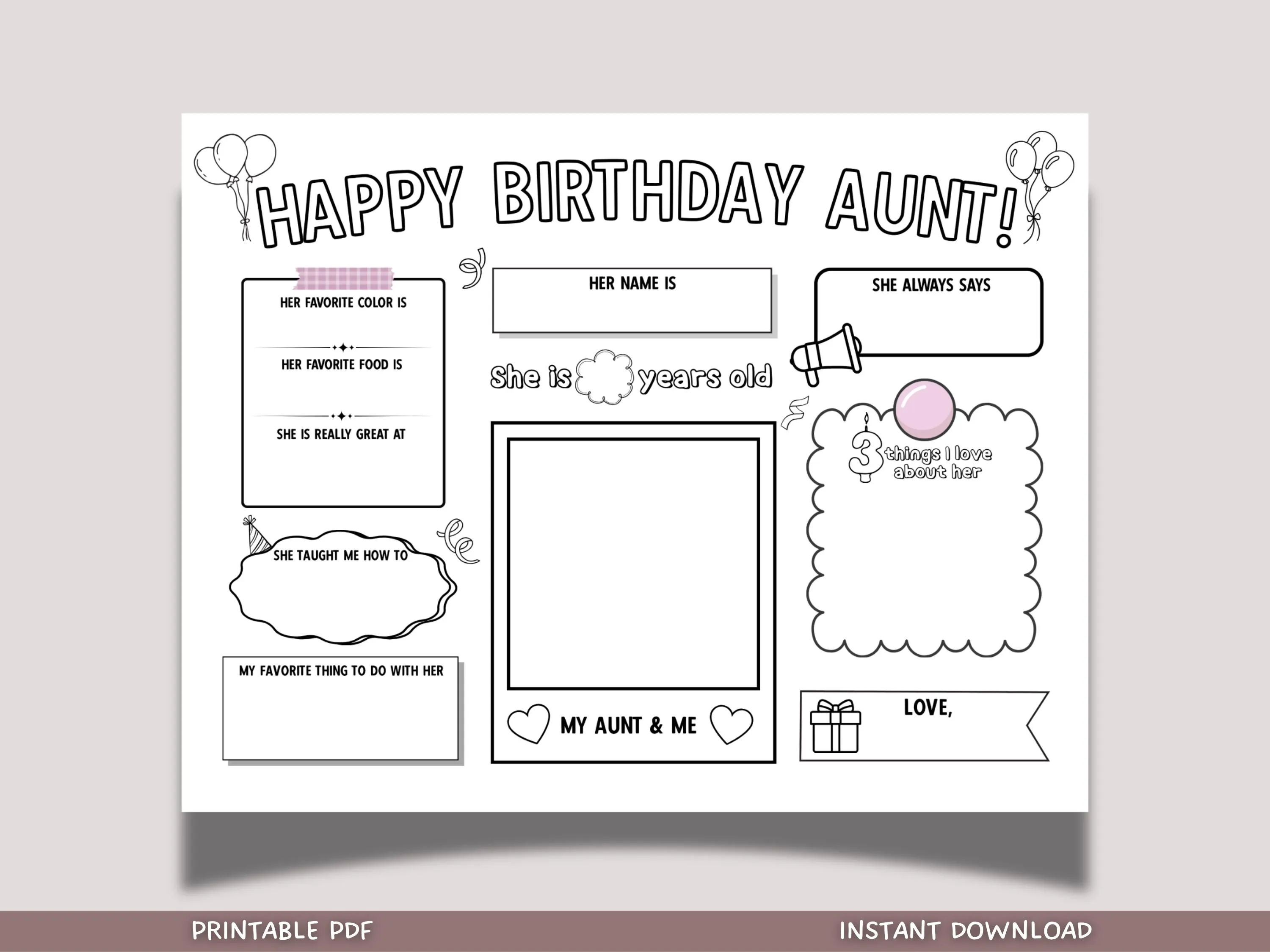 Happy Birthday Aunt Coloring Page Printable, DIY Personalized Gift from Kids All About Auntie Card Activity Questionnaire Keepsake Present