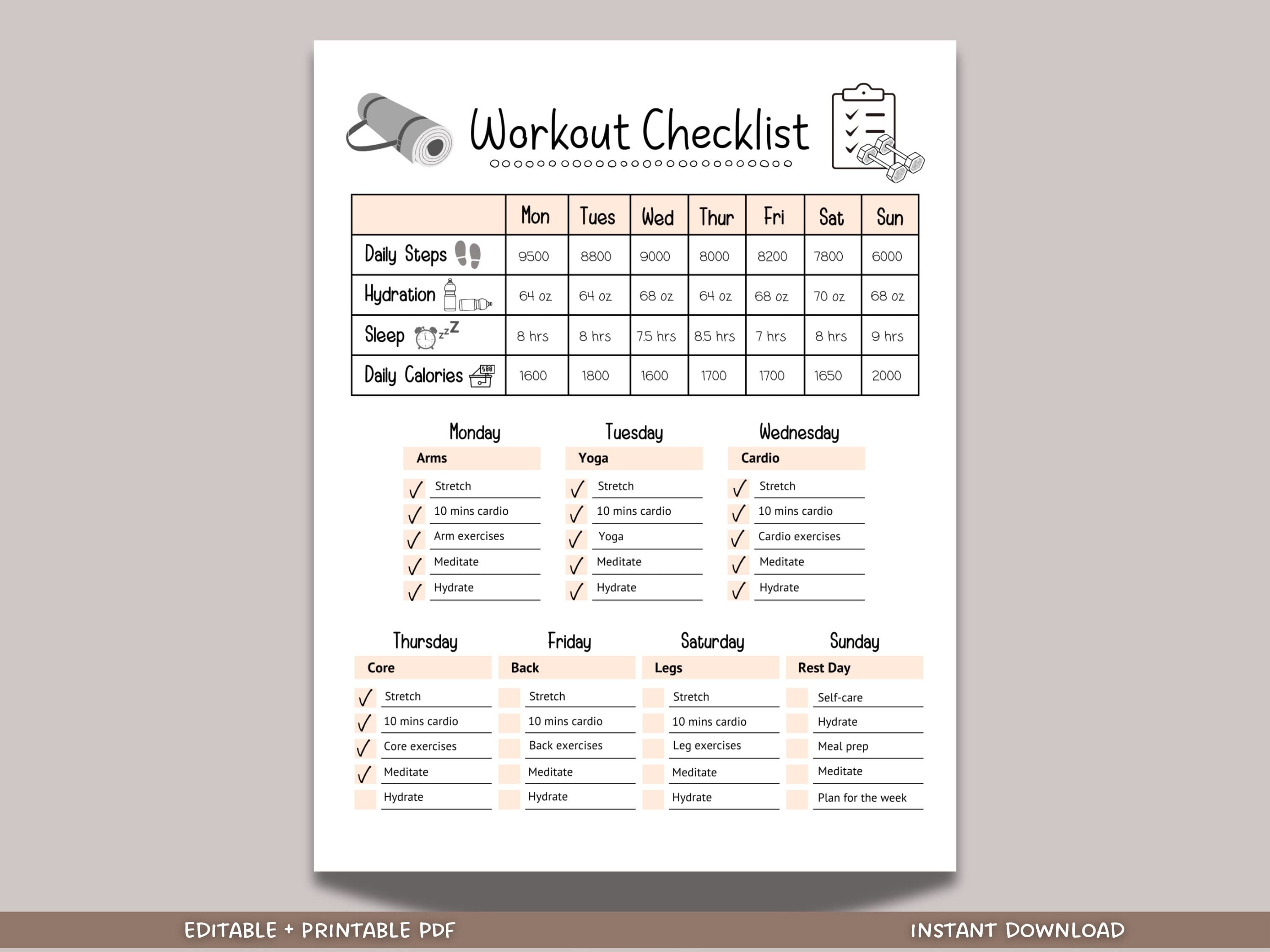 Workout Checklist Editable, Daily Workout Routine Chart, Simple Workout Plan, Daily Exercise Log Planner, Fitness Tracker Printable, Gym Log