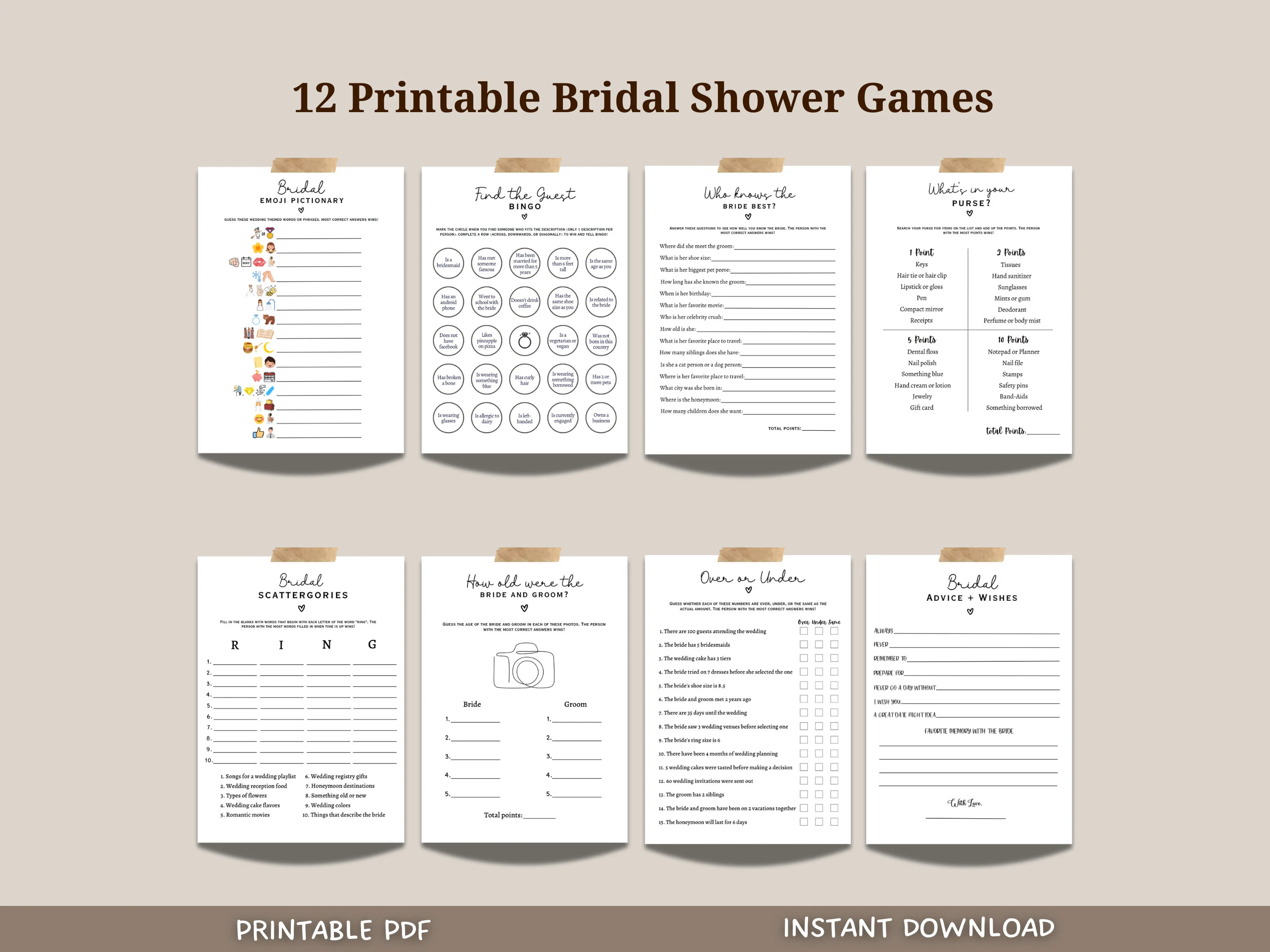 Bridal Shower Games Bundle Printable, Modern Minimalist Wedding Shower Party Games, Hen Party Icebreakers, Fun Bachelorette Party Ideas