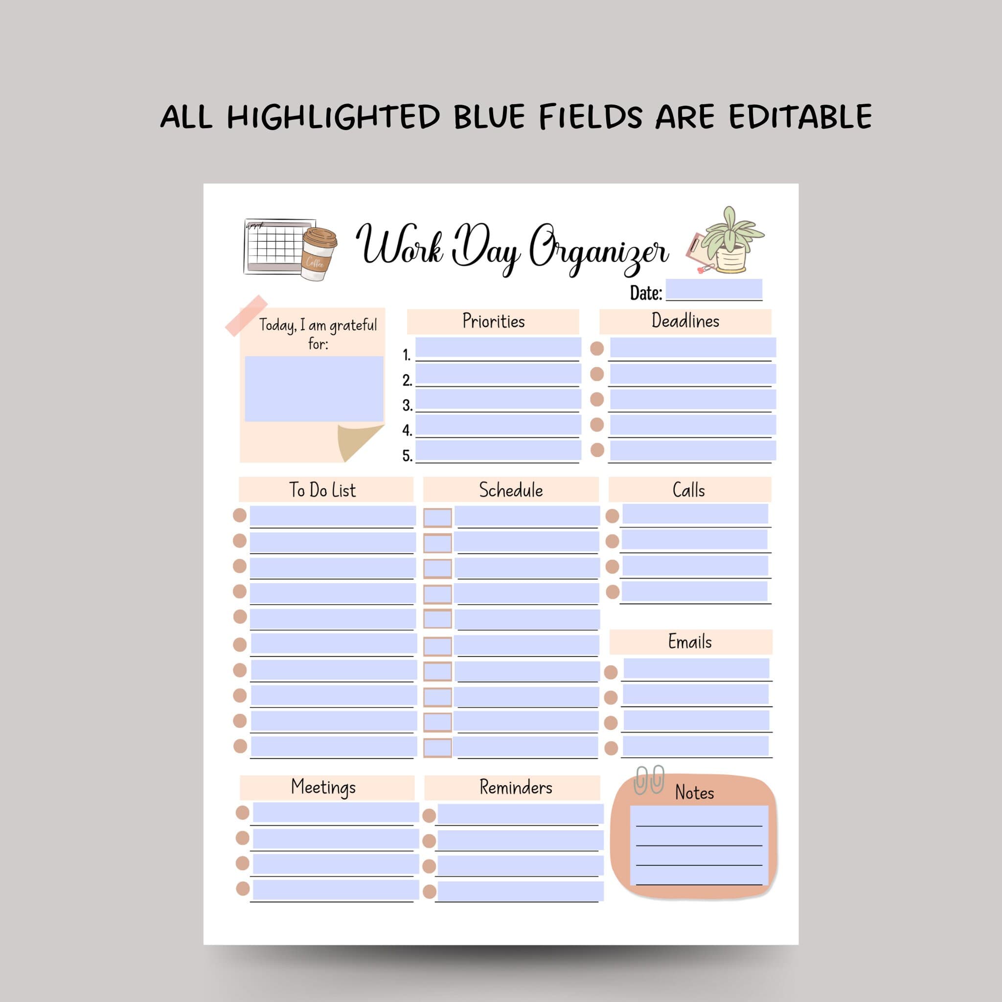 Work Day Organizer Editable Fillable, Printable Work Planner, Daily Planner, To Do List, Digital Productivity Planner, Daily Schedule Work - image 4