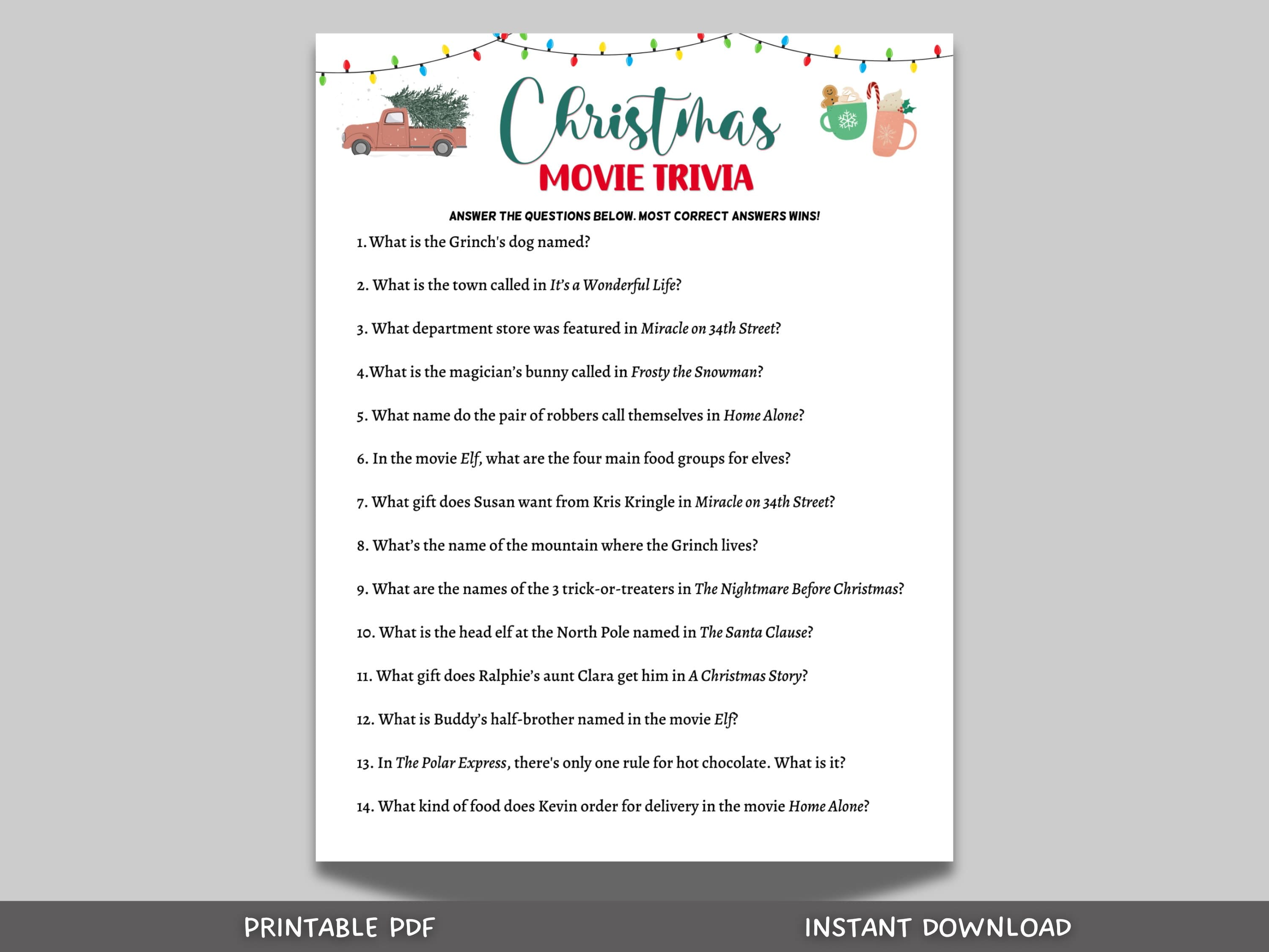 Christmas Movie Trivia Game Printable, Fun Holiday Party Game, Movie Quiz, Office Party Game, Xmas Family Activity, Christmas Party Game