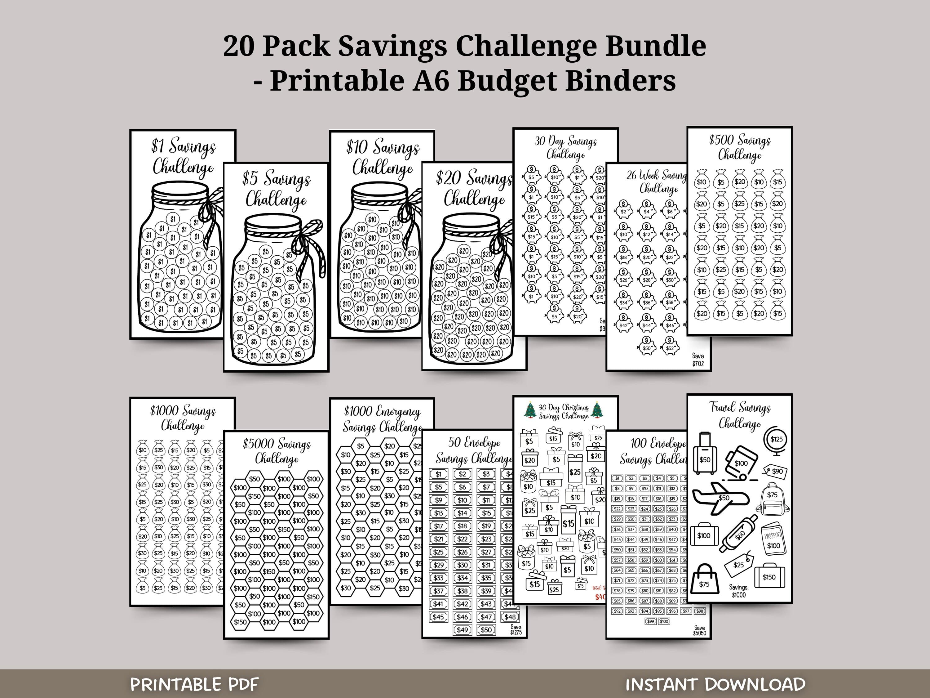Savings Challenge Bundle Printable, Minimalist Mini Savings Challenge Tracker A6 Budget Binders, Set of 20, Money Challenge, Envelope Insert