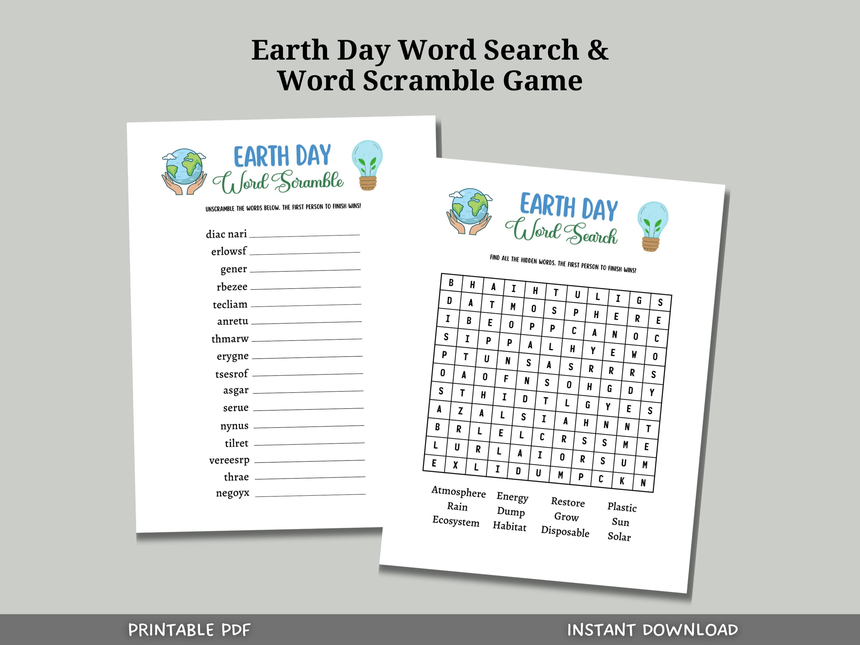 Earth Day Games Printable, Environmental Activity Word Search & Word Scramble, Party Game for Kids And Adults, Family Game, Classroom Game