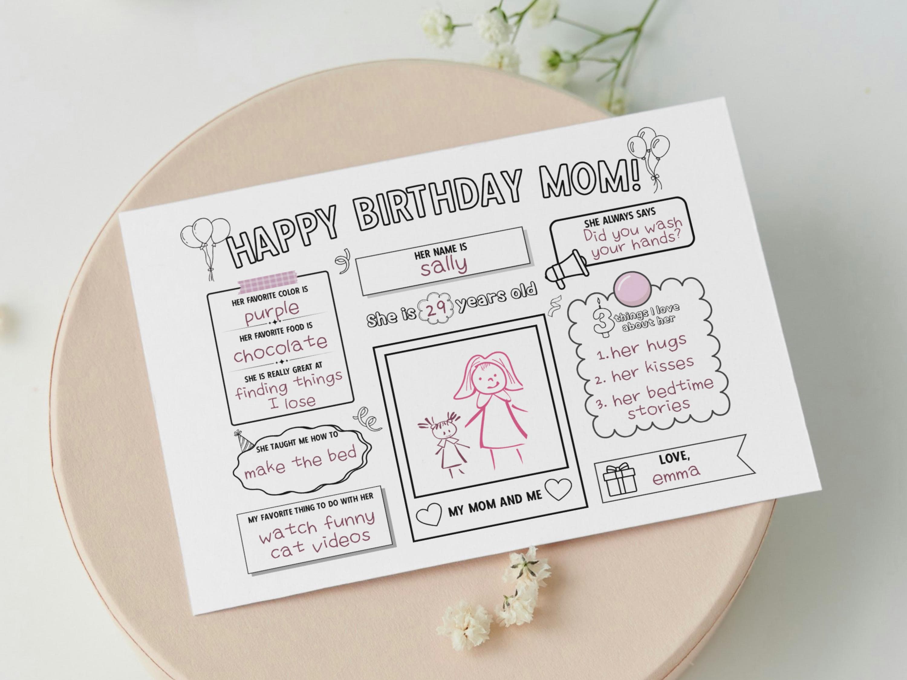 Happy Birthday Mom Coloring Page Printable DIY Personalized Gift from Kids All About Mommy Card Placemat Activity Sheet Mother Questionnaire - image 4