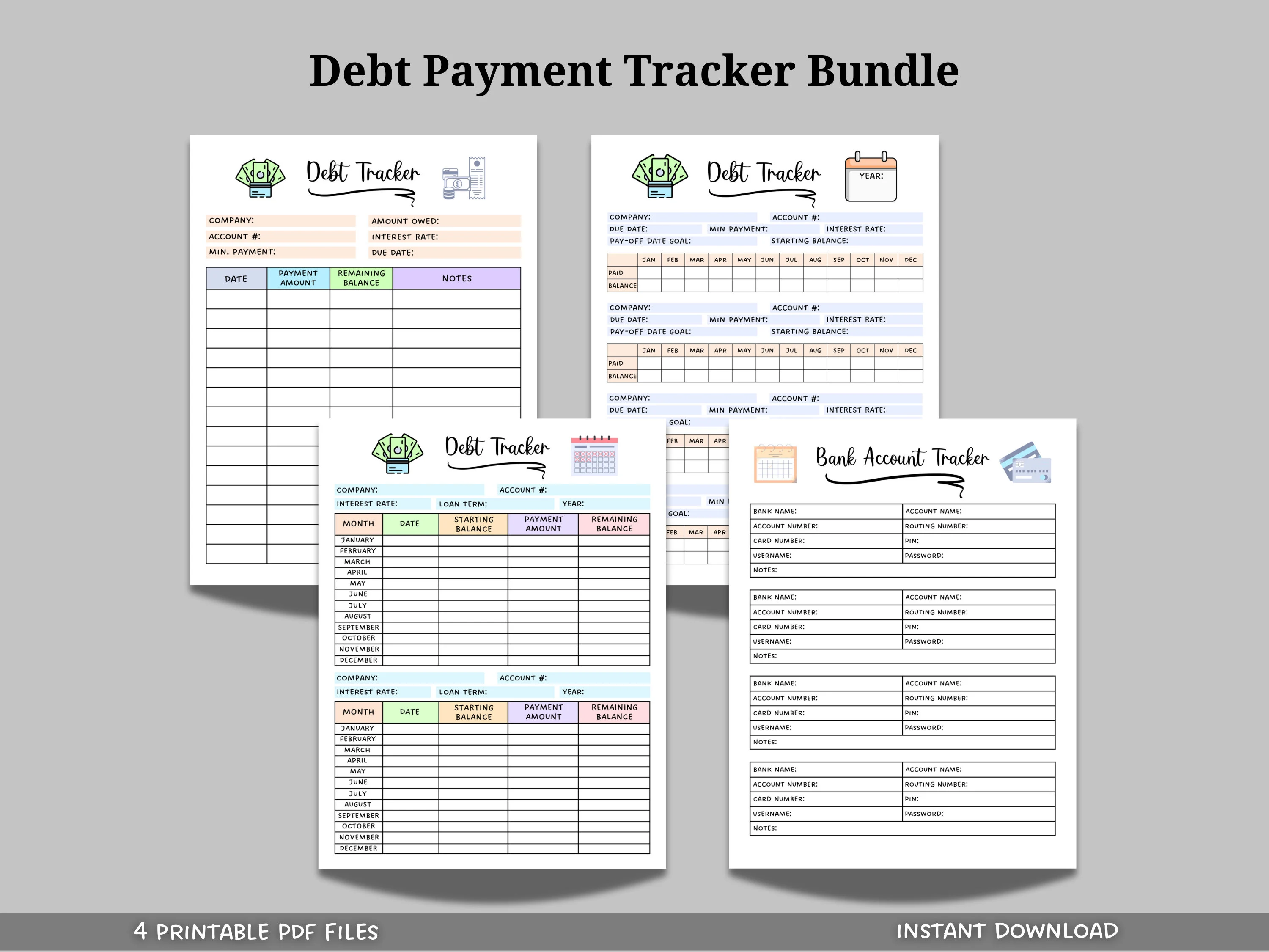 Debt Payment Tracker Printable, Financial Planner, Credit Card Payment Tracker, Expense Tracker, Budget Planner, Bank Account Tracker Log