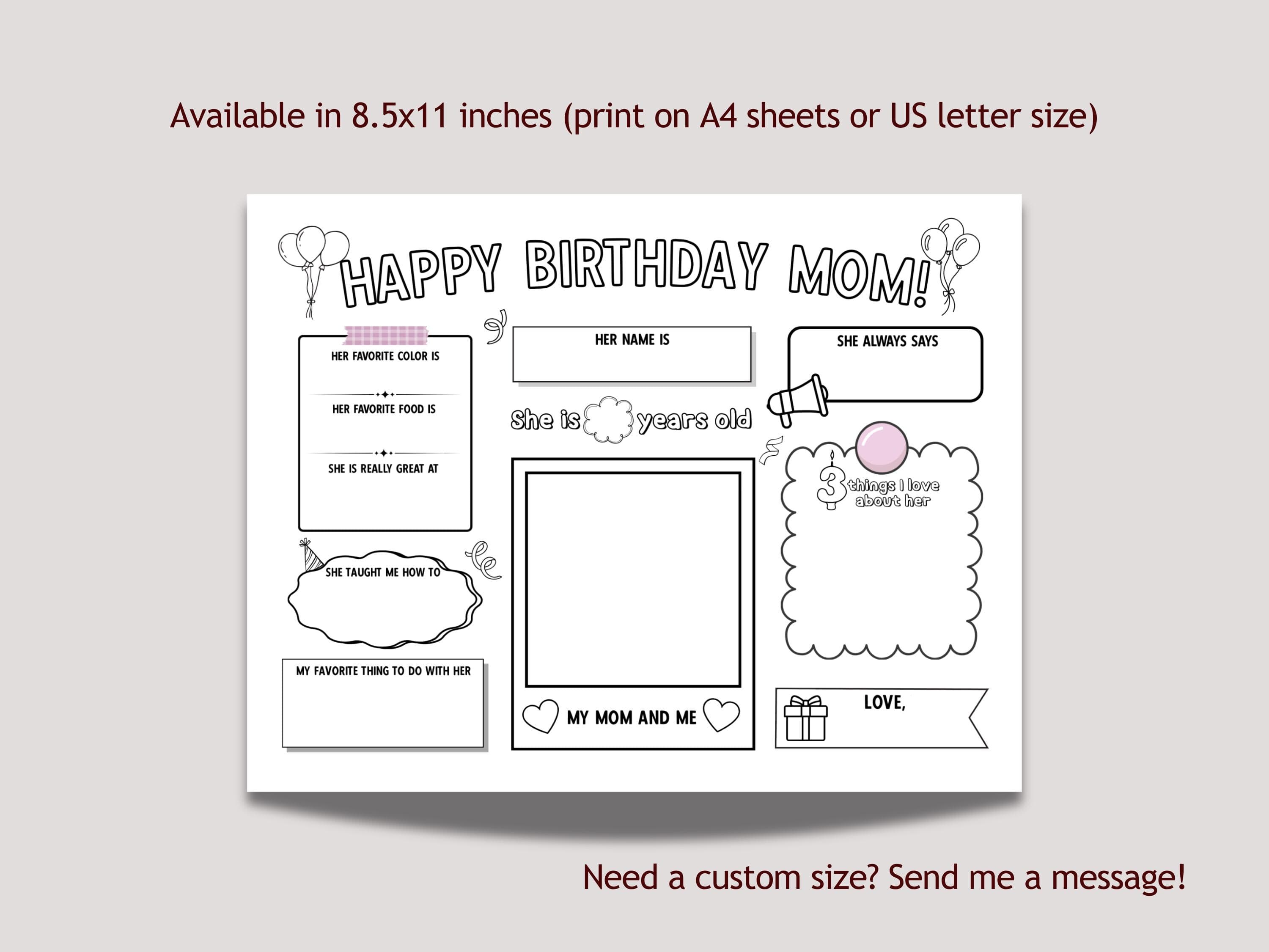 Happy Birthday Mom Coloring Page Printable DIY Personalized Gift from Kids All About Mommy Card Placemat Activity Sheet Mother Questionnaire - image 5